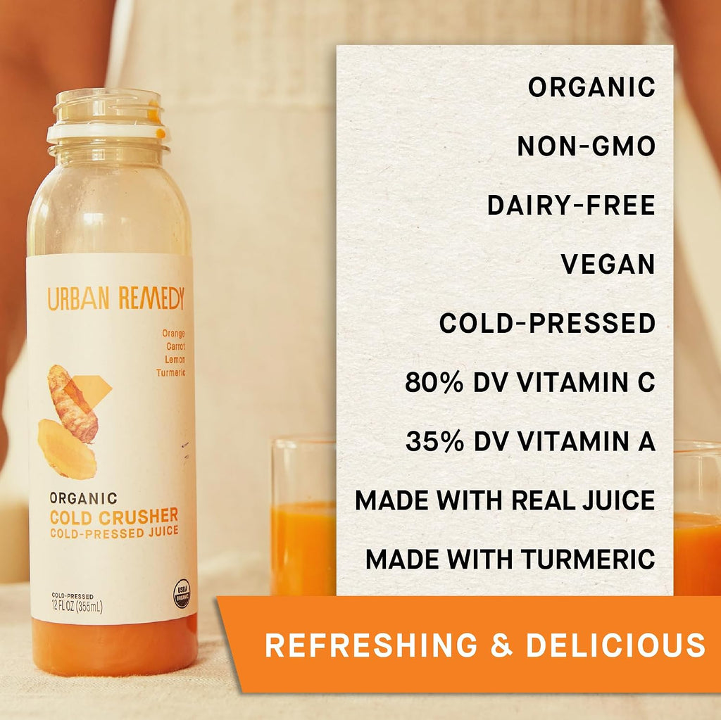 Urban Remedy Cold Crusher Organic Juice, Cold-Pressed, 12 Fl Oz, Orange, Carrot, Lemon & Turmeric Blend, Immune Support, Organic, Non-Gmo, Gluten-Free, Dairy-Free, Ready-To-Drink