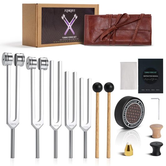 FQMQIVY Tuning Forks for Healing Set - 128Hz 136.1Hz 256Hz 384Hz 432Hz, Weighted & Unweighted Tuning Forks with Vegan Leather Pouch & Activator, 128 Hz Tuning Fork for Chakra, Yoga, Meditation & Gift