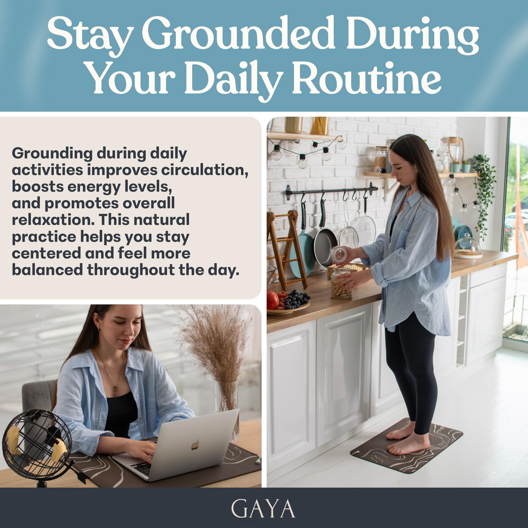 GAYA Grounding Mat for Feet, Sleep Improvement, Back Pain Relief, Muscle Relaxation & Stress, Including 15ft Cord, 100K Ohm Resistor | Conductive Carbon | Earthing Pads for Bed Couch, Desk (24''X16'')