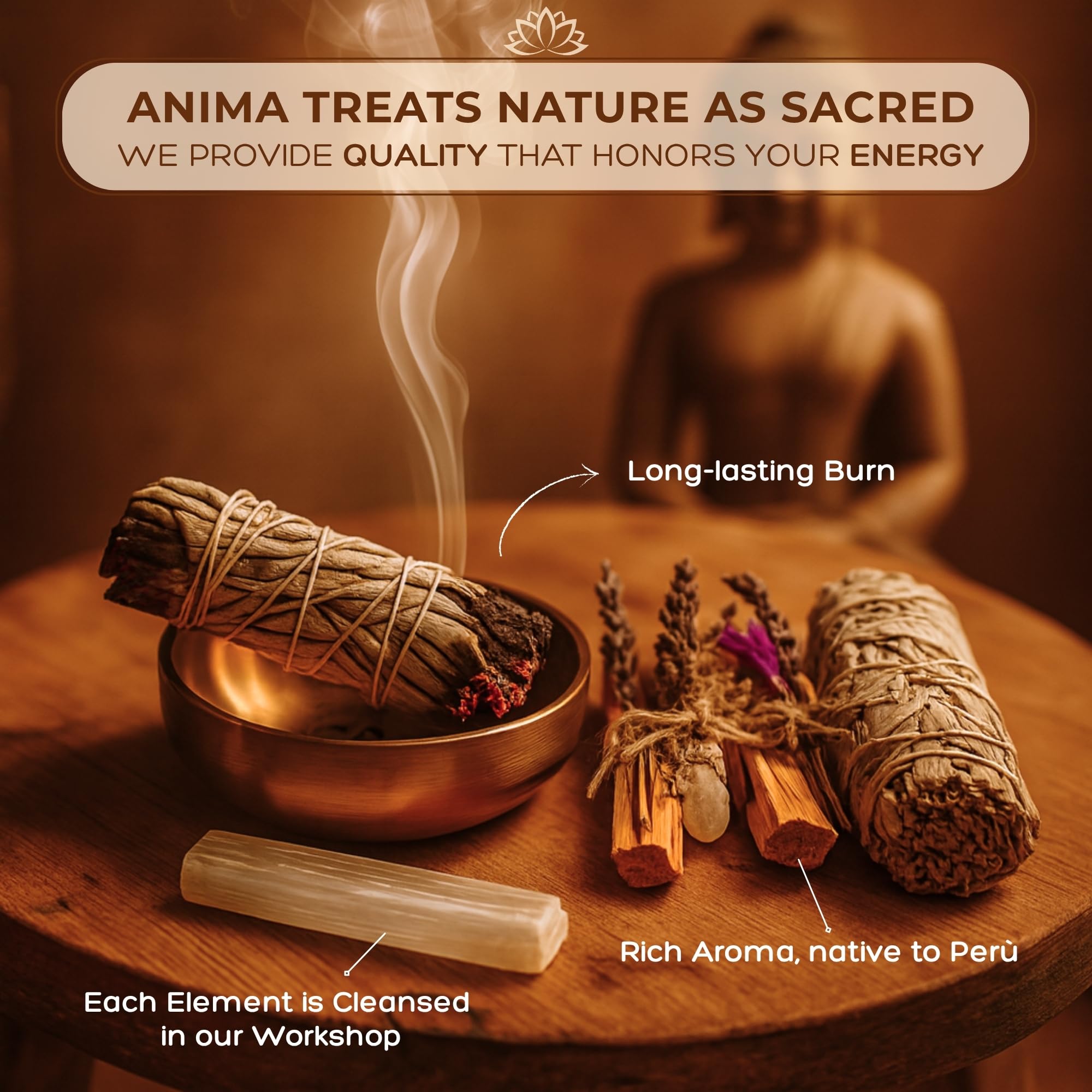 Anima Premium Energy Cleansing Set – White Sage Smudge Sticks, Palo Santo Sticks, Clear Quartz & Selenite Crystal with Smudge Bowl for Crystals & Home Cleansing, Meditation & Manifestation