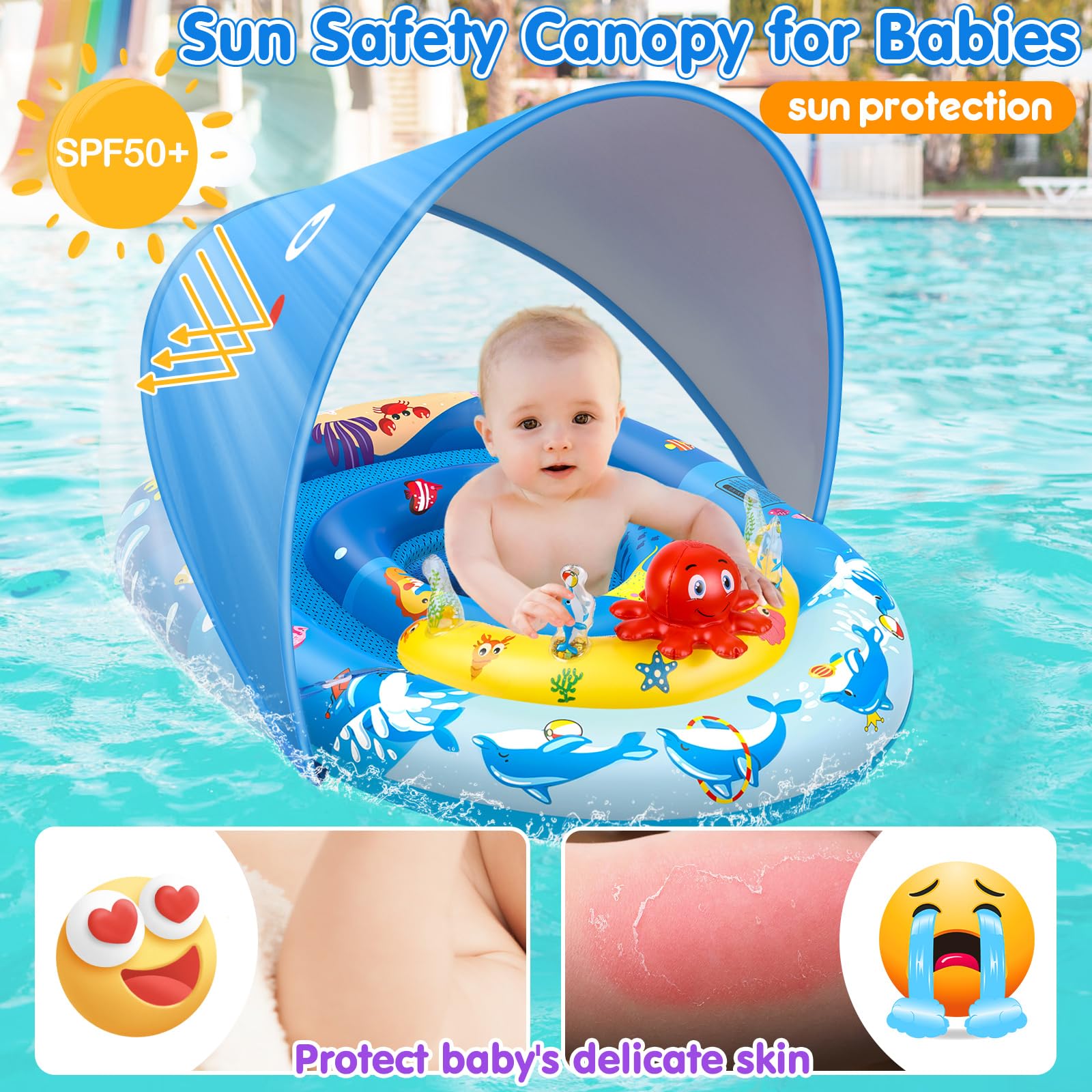 EZIGO Baby Pool Float with Canopy UPF50+ Sun Protection, Inflatable Kids Pool Floats with Ocean Animal Toys for Babies 6-36 Months, Infant Swimming Float with Adjustable Safety Seat for Boys Girls