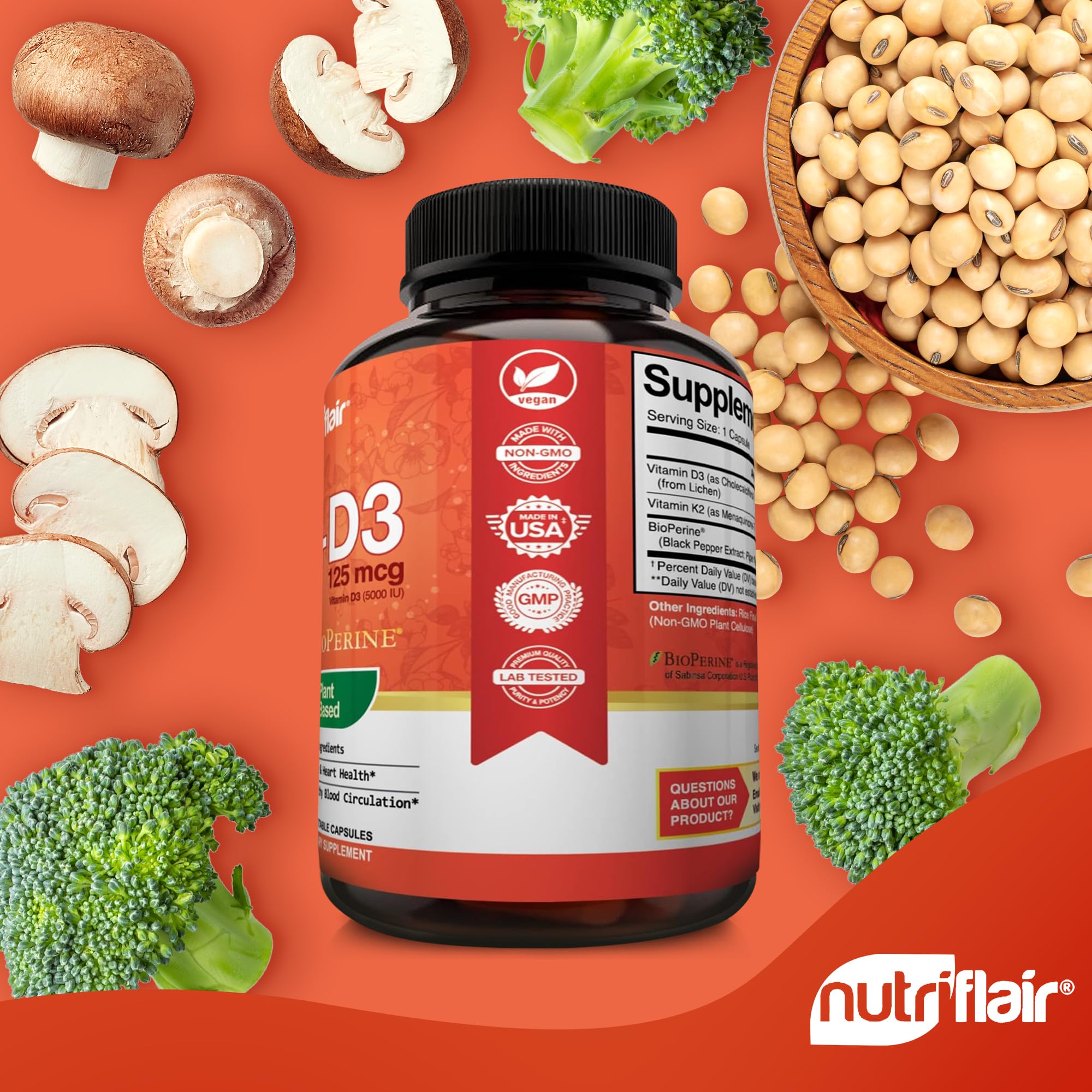 NutriFlair Vitamins D3 (5000iu/125mcg) + K2 (as Mk7) - Made with Plant-Based Ingredients Plus BioPerine Black Pepper Extract, 90 Capsules - Supports Healthy Immune, Heart and Health - Non-GMO Pills