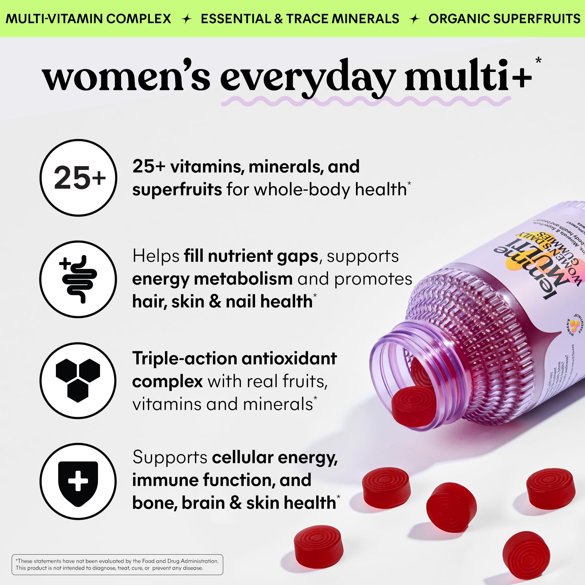 Lemme Women's Multivitamin Gummies, Daily Nutritional Support with Vitamins A, C, D, E, Biotin, Folic Acid, Zinc & Inositol, Bone, Brain, Skin & Immune Health, Raspberry Orange, 30-Day Supply