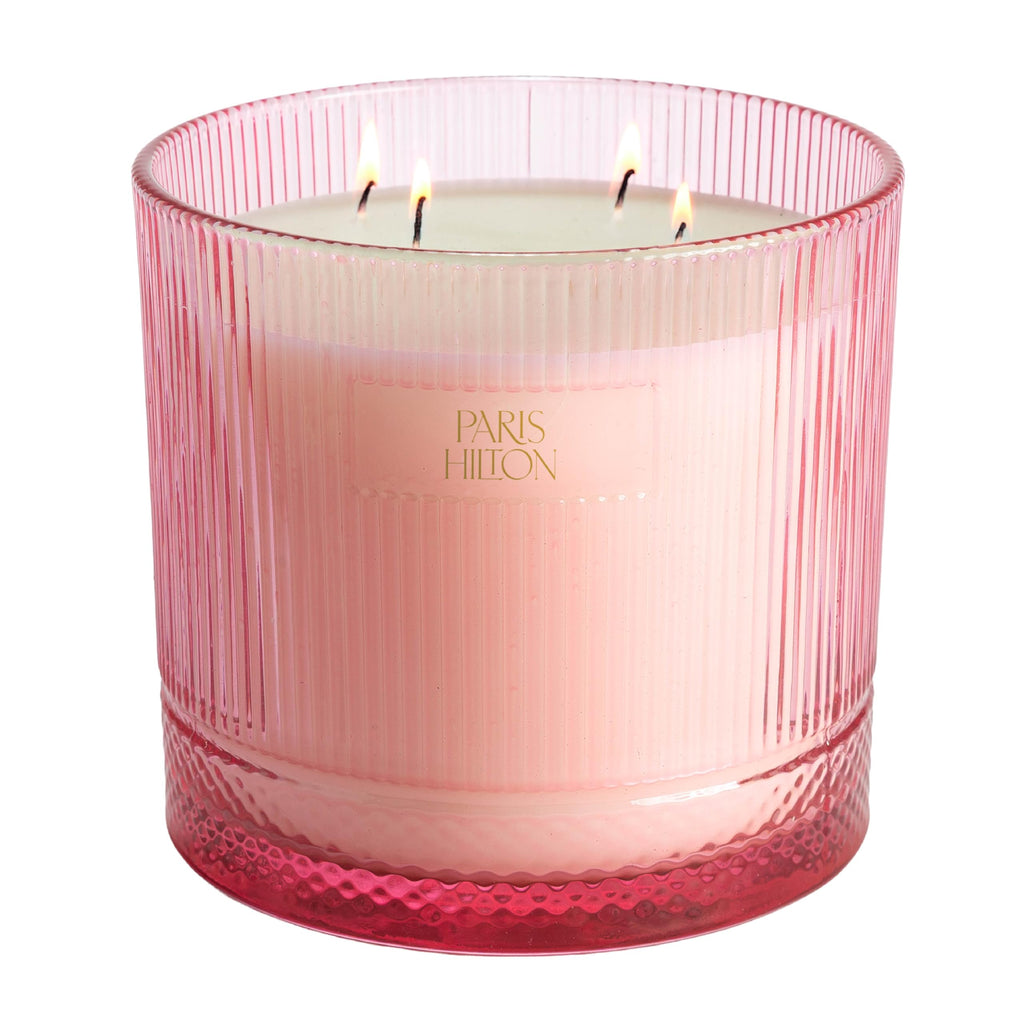 Paris Hilton Pink Spritz Scented Candle, Pink Ribbed Glass Vessel with Faceted Diamond Detail, Premium Plant Wax Blend, 4-Wicks, 40-Ounce