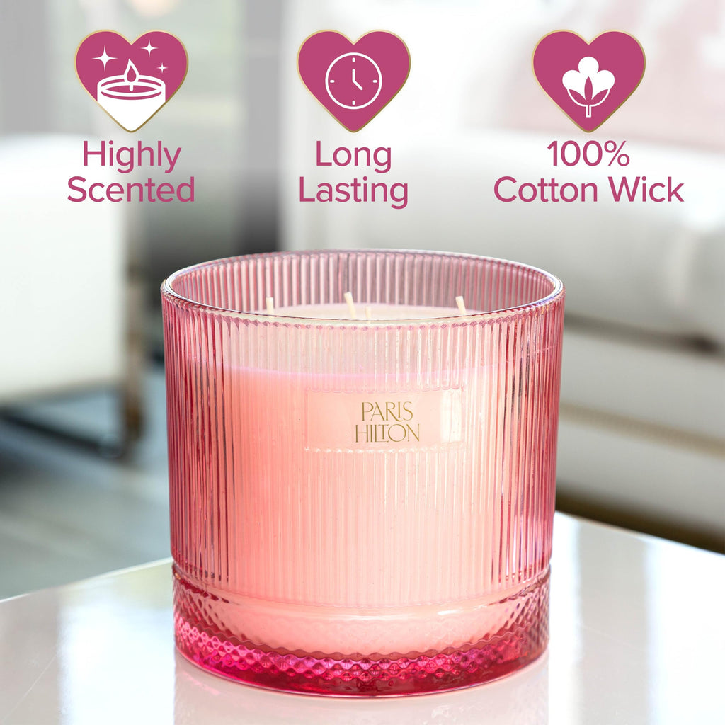 Paris Hilton Pink Spritz Scented Candle, Pink Ribbed Glass Vessel with Faceted Diamond Detail, Premium Plant Wax Blend, 4-Wicks, 40-Ounce