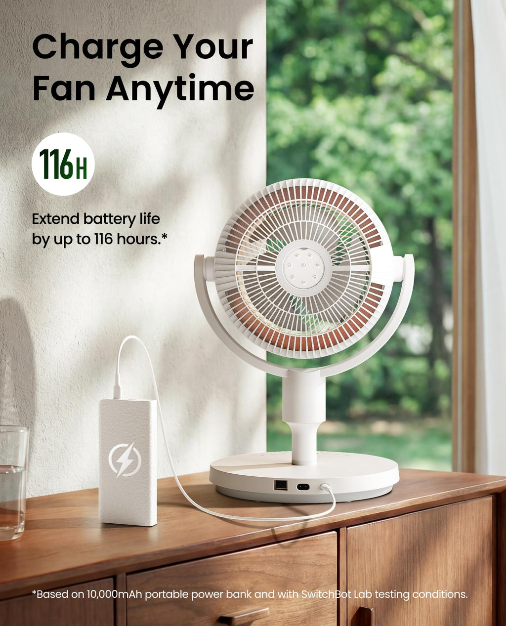 SwitchBot Smart Pedestal Fan, Rechargeable Oscillating Standing Fan for Bedroom, Corded & Cordless, Adjustable Height Floor & Desk Fan, 22dB, Remote & App, Works with Alexa,Google Home,HomeKit,Matter