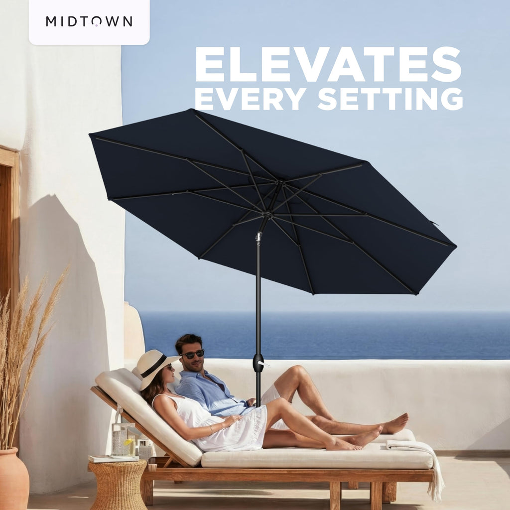 Midtown Umbrellas – The Lean 9 Ft Patio Umbrella with 10-Year-No-Fade Acrylast Acrylic Fabric, Auto-Tilt and 8 Reinforced Ribs for Deck, Pool, Garden, Hotel & Cafes – Harbor Navy Canopy, Black Pole