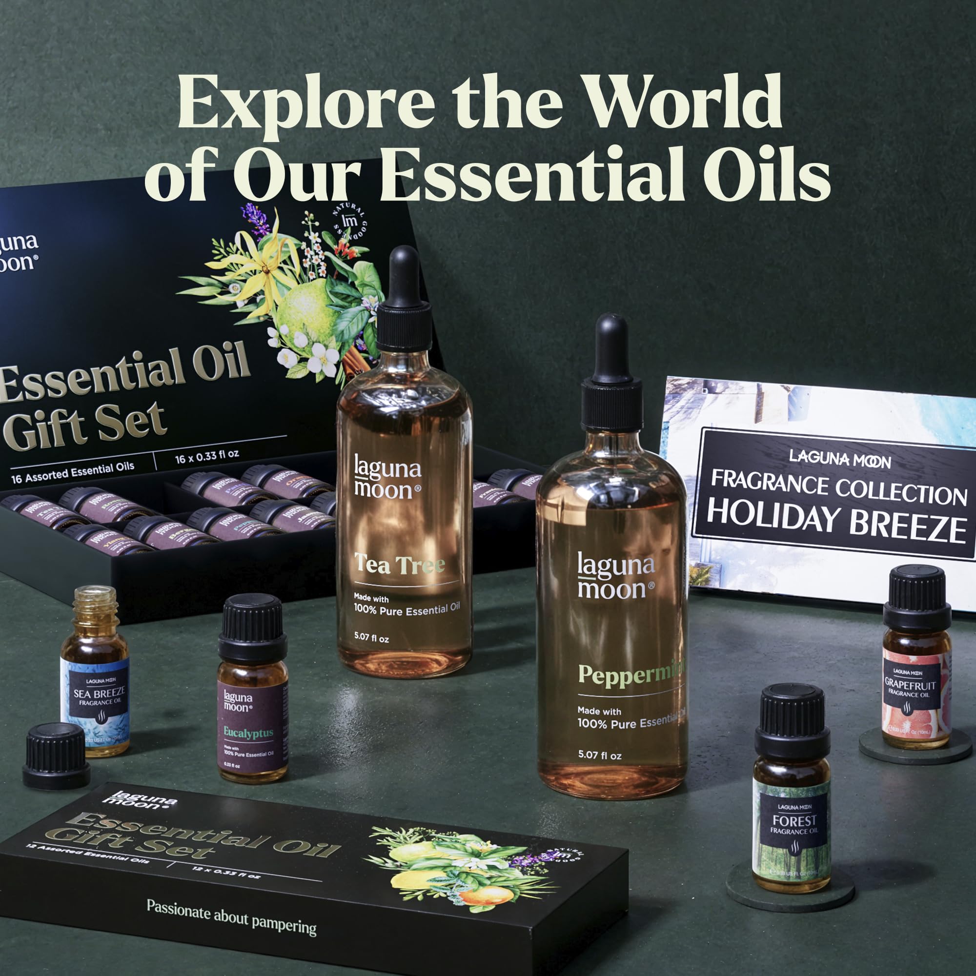 Lagunamoon Essential Oils Aromatherapy Set - 6 Oils for Diffusers, Home Care, Candle Making Scents, Fragrance, Humidifiers, Gifts - Peppermint, Tea Tree, Lavender, Eucalyptus, Orange (10mL)