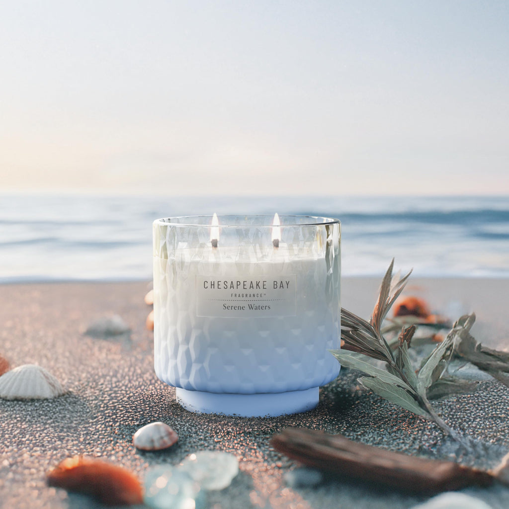 Chesapeake Bay, 11oz Serene Waters Scented Candle, Mood Evoking Fragrance, Textured Sea Glass-Inspired Jar, Premium Soy Blend Wax with Essential Oils, Coastal Fragrance for Home Décor or Gifting