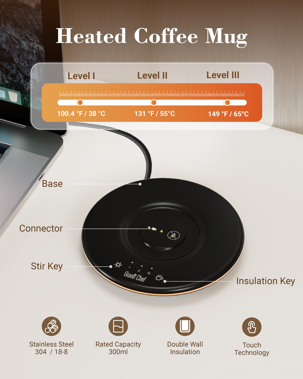 Self-Heating Coffee Mug, Coffee Mug with Self Stirring&Fast Heating, 10oz Temperature Controlled Coffee Cup Warmer, Heated for Tea/Coffee at Office/Kitchen/Travel, with Reusable Coffee Dripper, Black