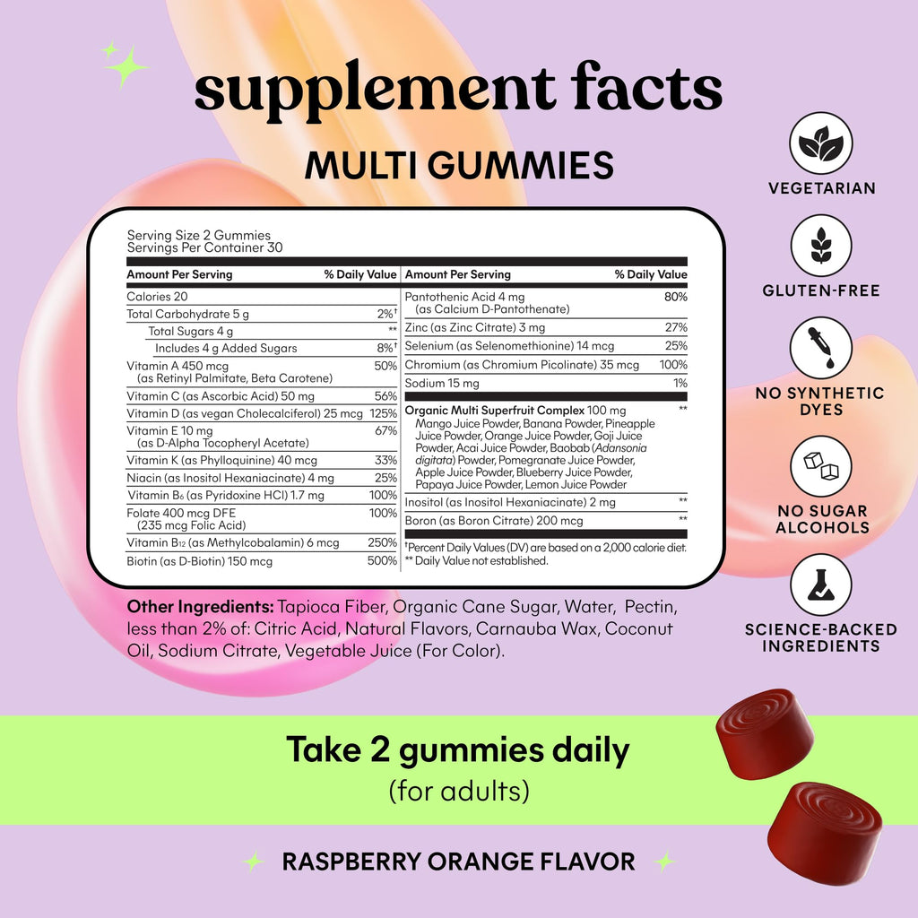 Lemme Women's Multivitamin Gummies, Daily Nutritional Support with Vitamins A, C, D, E, Biotin, Folic Acid, Zinc & Inositol, Bone, Brain, Skin & Immune Health, Raspberry Orange, 30-Day Supply