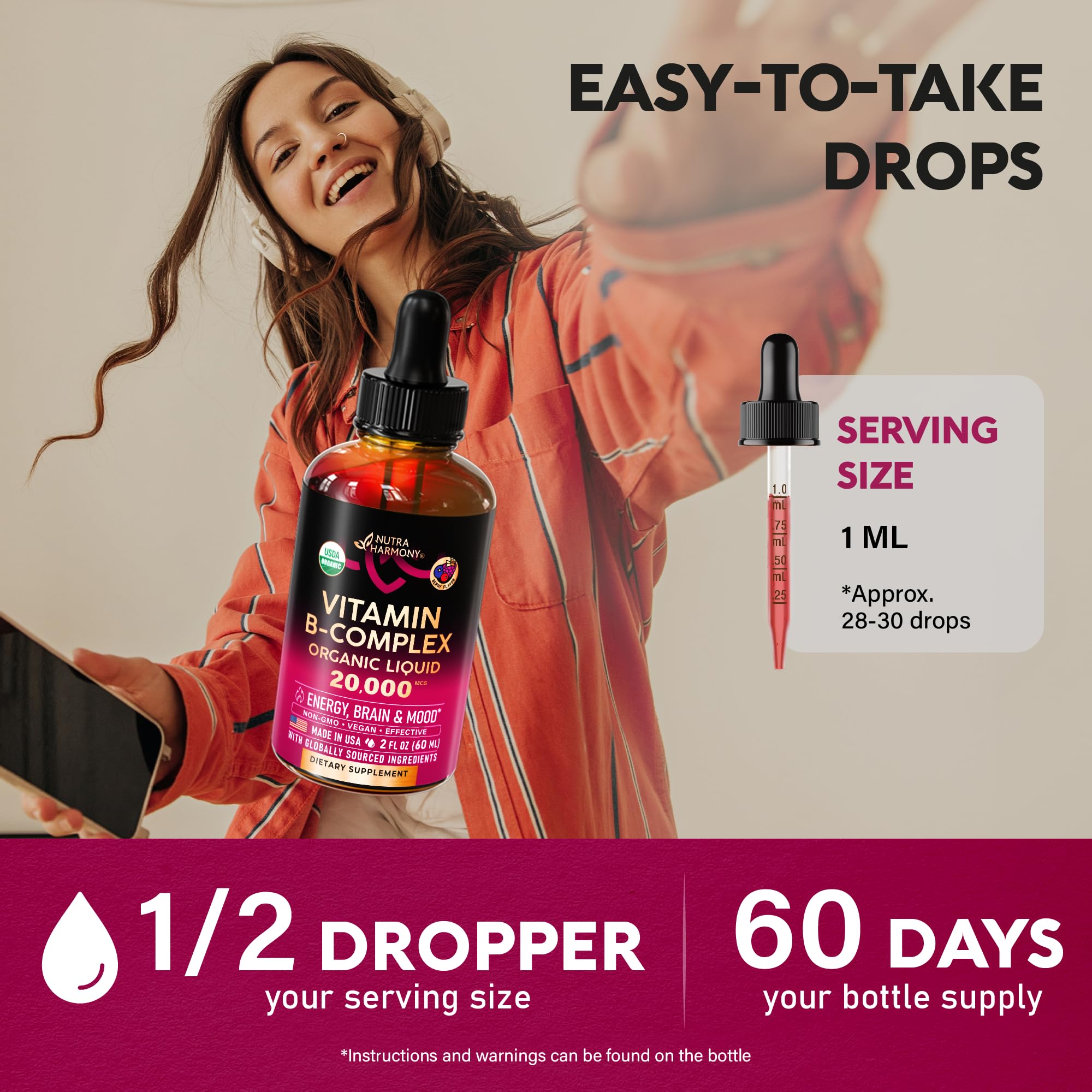 USDA Organic Vitamin B-Complex B5 Pantothenic Acid | B12 Methylcobalamin | B1 Thiamine | B6 Pyridoxine | B7 Biotin | B9 Folic | B3 Niacinamide - B Complex Liquid Drops, Made in USA Supplement, 2fl oz