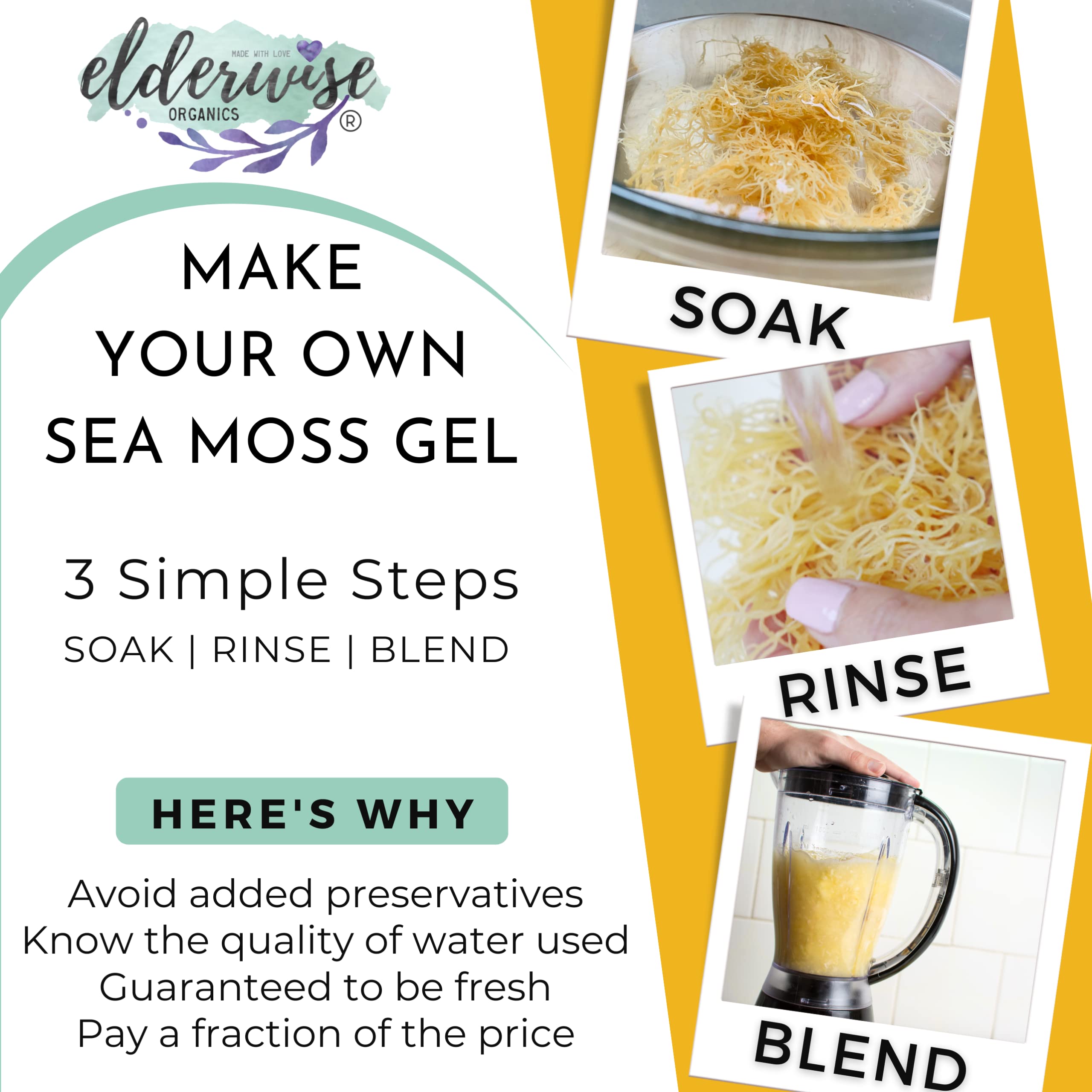 Elderwise Raw Sea Moss | Seamoss Makes 24oz of Gel | Wildcrafted Golden Sea moss | Raw | Sundried | Mineral and Vitamin Rich | Golden