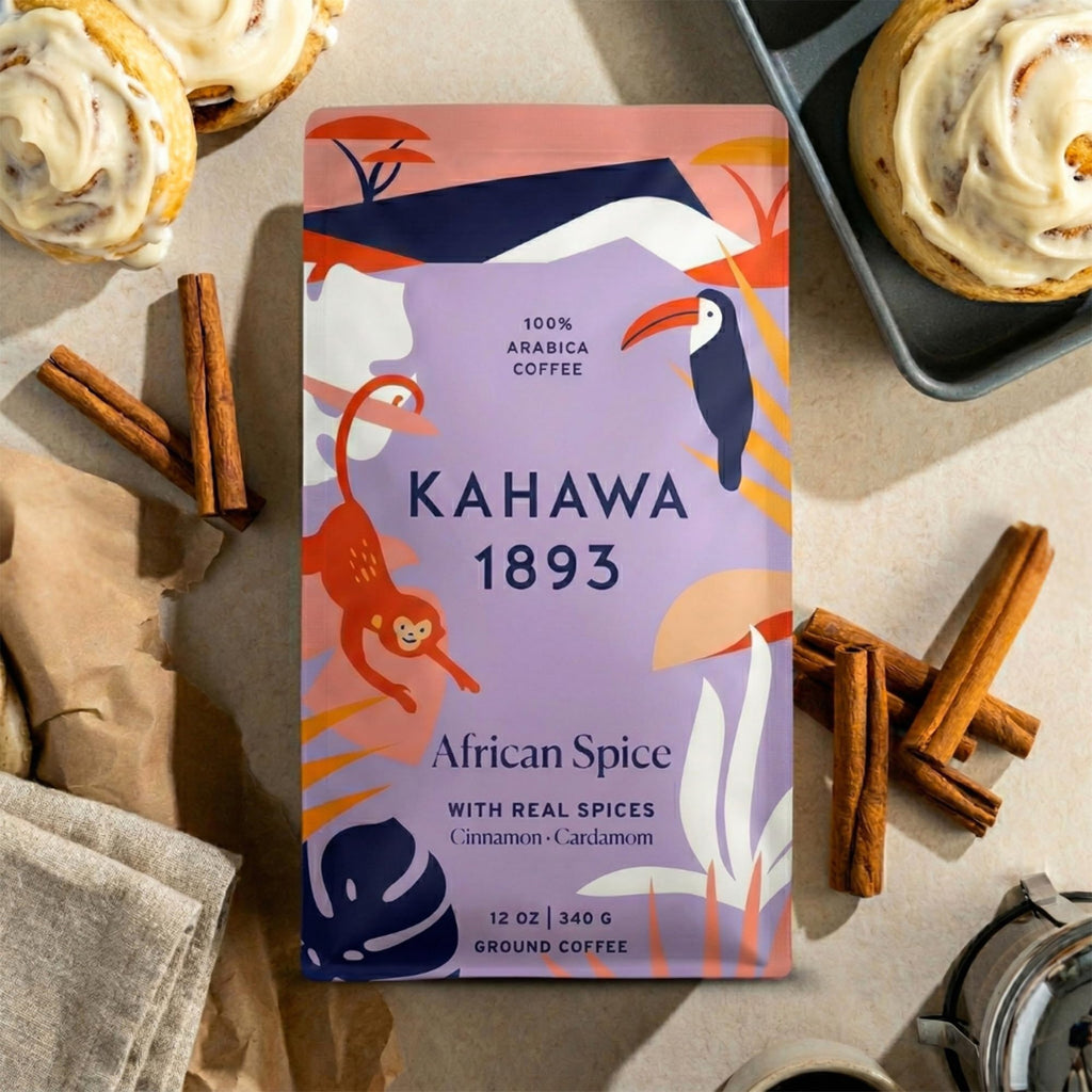 Kahawa 1893 Ground Coffee Medium Roast Chai Spice Coffee 12 Oz - With Cinnamon, Cardamom & Clove, As Seen on Shark Tank, High Antioxidants, Organically Grown, Ethically & Sustainably Sourced