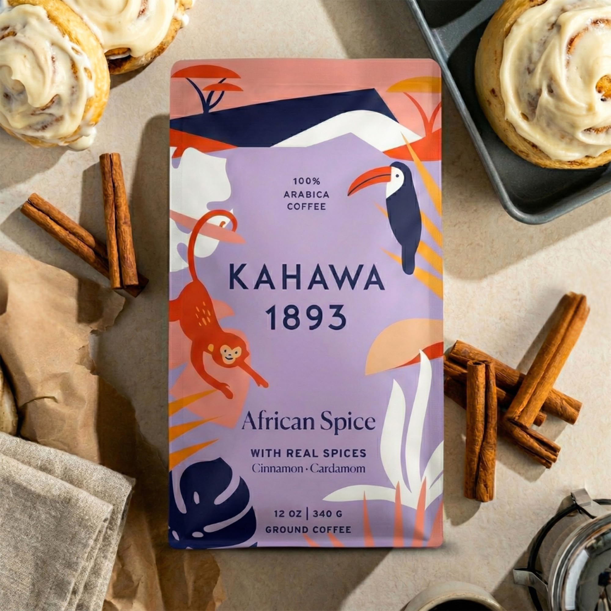 Kahawa 1893 Ground Coffee Medium Roast Chai Spice Coffee 12 Oz - With Cinnamon, Cardamom & Clove, As Seen on Shark Tank, High Antioxidants, Organically Grown, Ethically & Sustainably Sourced