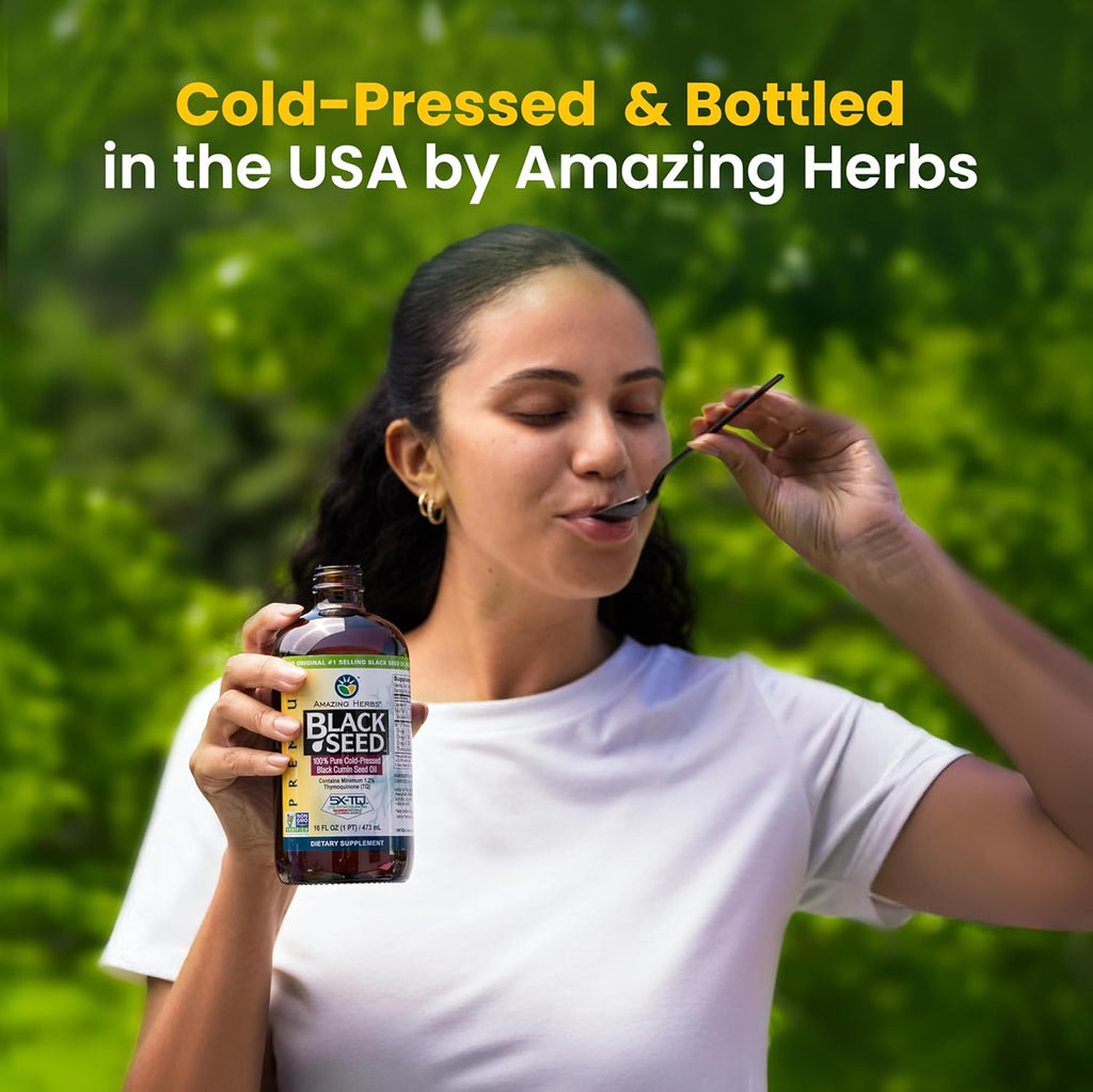 Amazing Herbs Premium Black Seed Oil - Cold Pressed Nigella Sativa Aids in Digestive Health, Immune Support, Brain Function, Joint Mobility, Gluten Free, Non GMO - 1 Fl Oz
