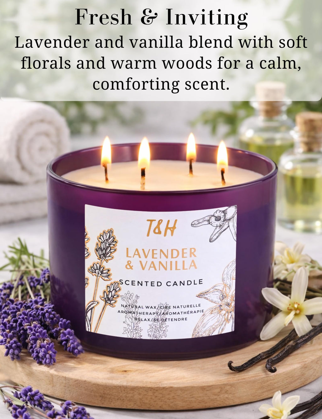 Lavender Vanilla Scented Candle | Large 4-Wick Soy Candle for Home 20 oz | Calming Aromatherapy Candle | Long Lasting Clean Burn | Relaxing Gift for Women & Men