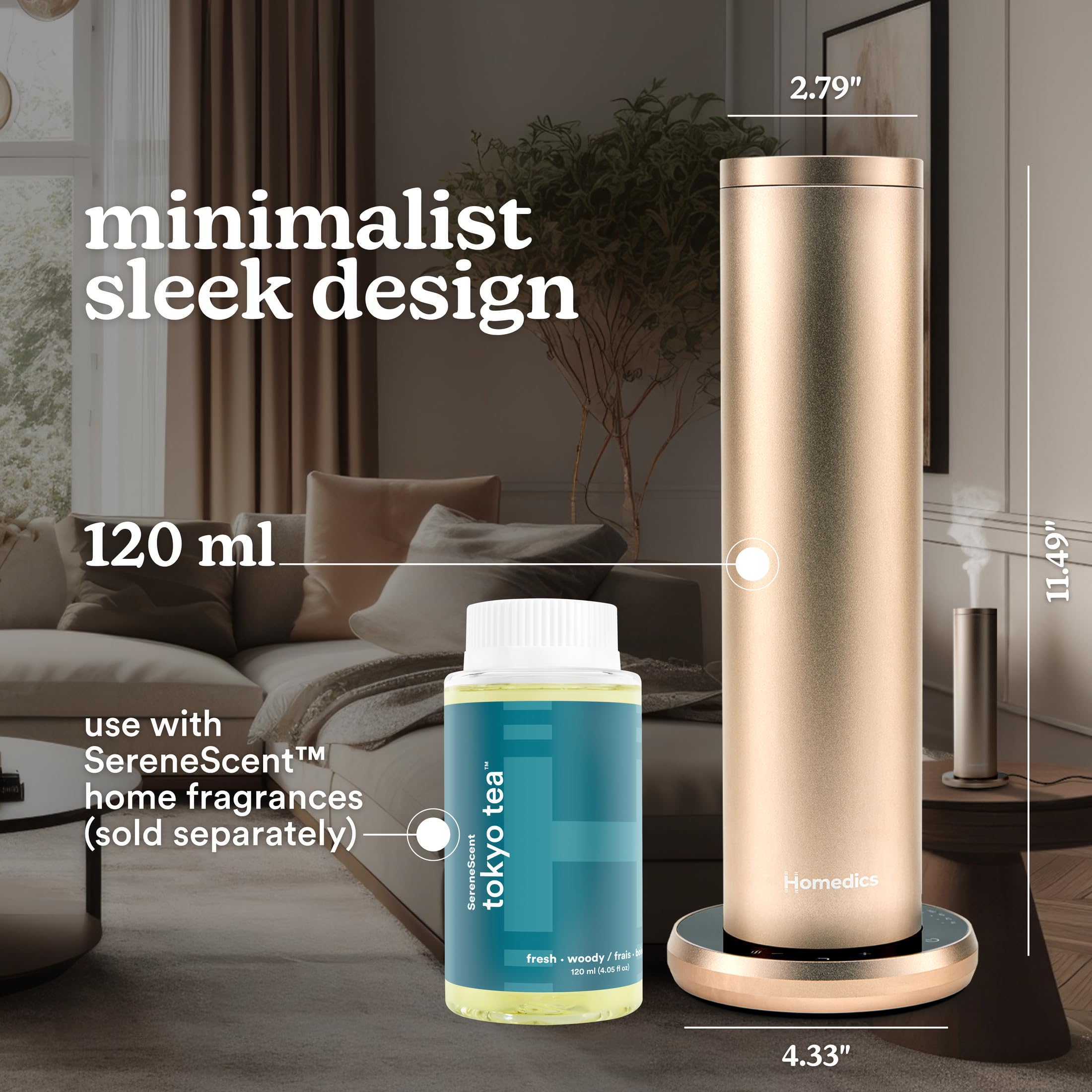Homedics SereneScent Waterless Essential Oil Diffuser, Home Fragrance Scent Diffuser for Large Rooms, No Water Needed, Patented Air Diffusion Technology, Oil Sold Separately, Champagne