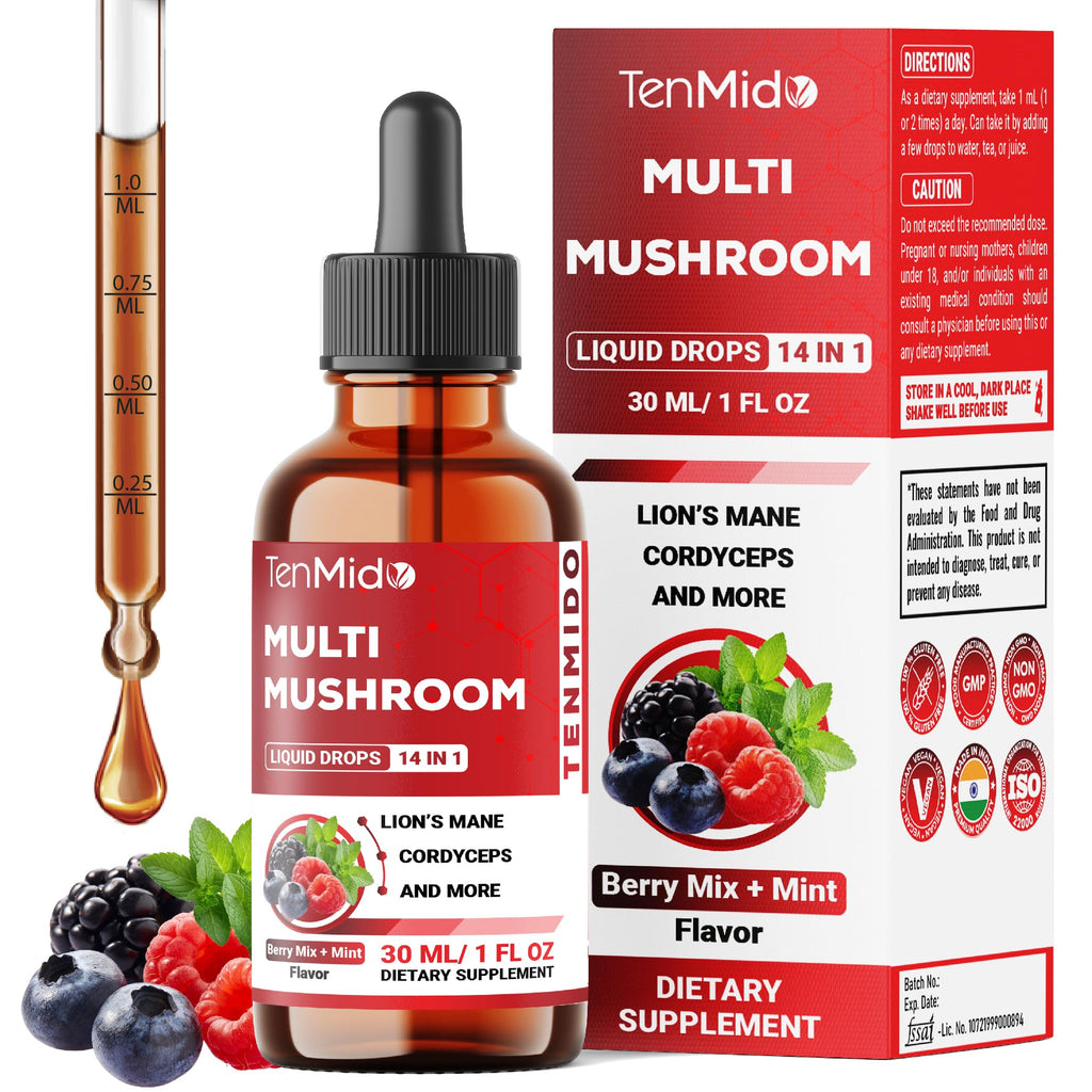 Tenmido Mushroom Complex - Herbal Liquid Drops - 14in1 with Lions Mane, Cordyceps, Reishi, Turkey, Chaga, Shiitake, Ashwagandha, Bacopa, Gotu Kola, and More - 30ml 1 Fl Oz