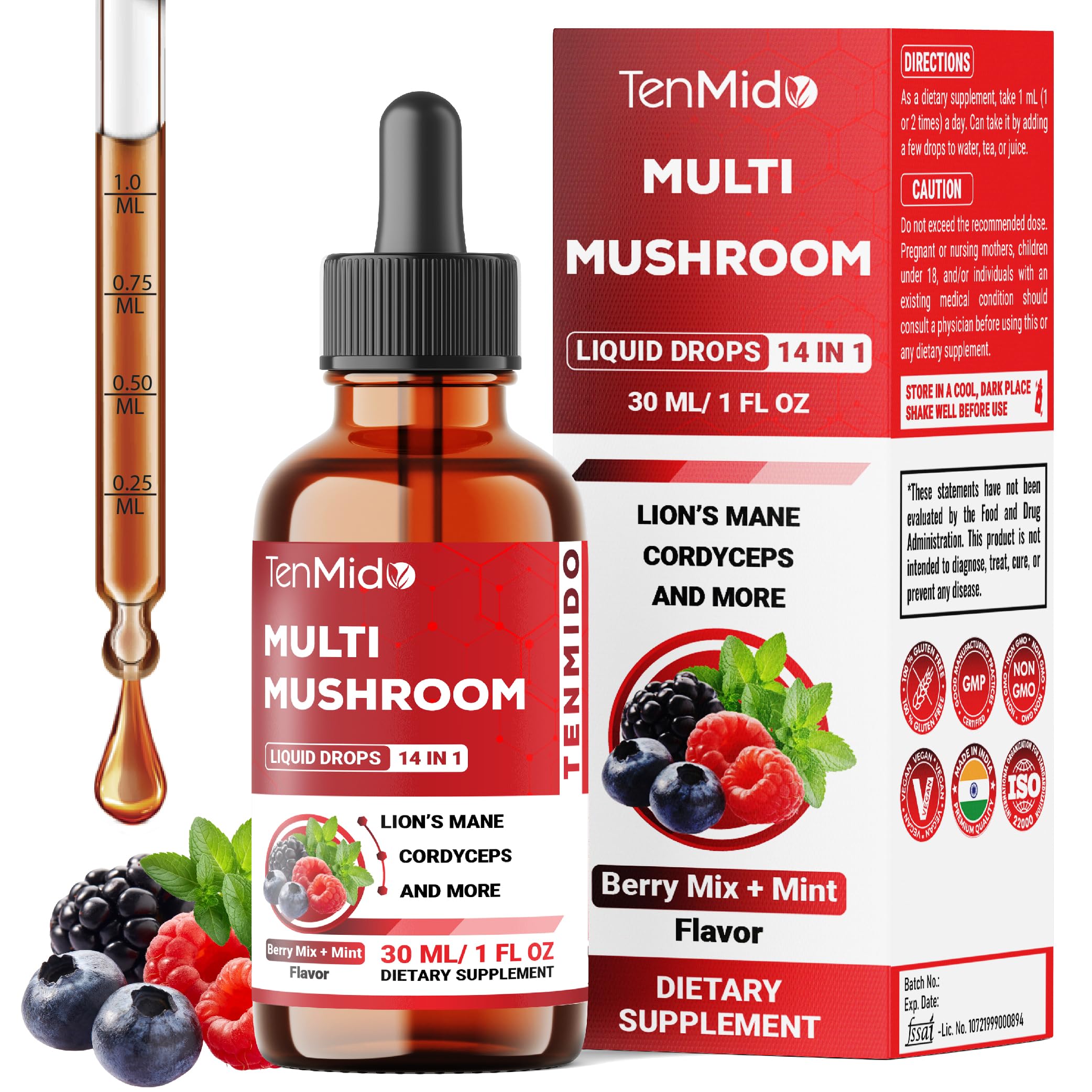 Tenmido Mushroom Complex - Herbal Liquid Drops - 14in1 with Lions Mane, Cordyceps, Reishi, Turkey, Chaga, Shiitake, Ashwagandha, Bacopa, Gotu Kola, and More - 30ml 1 Fl Oz