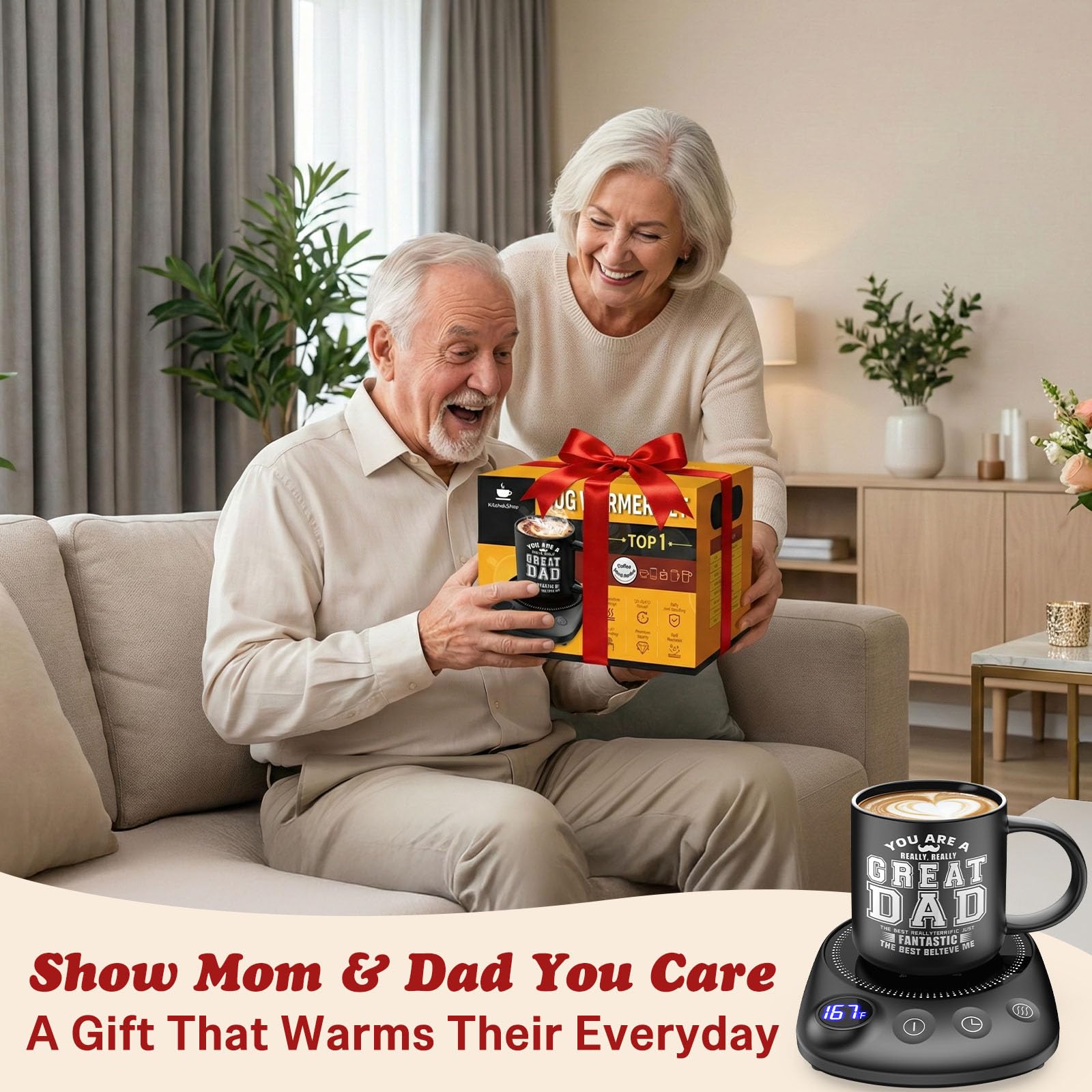 Coffee Mug Warmer Set with Smart Timer & Adjustable Temperature – Perfect Gift for Dad, Seniors, & Coffee Lovers – Auto Shutoff & Perfect Set for All Mugs