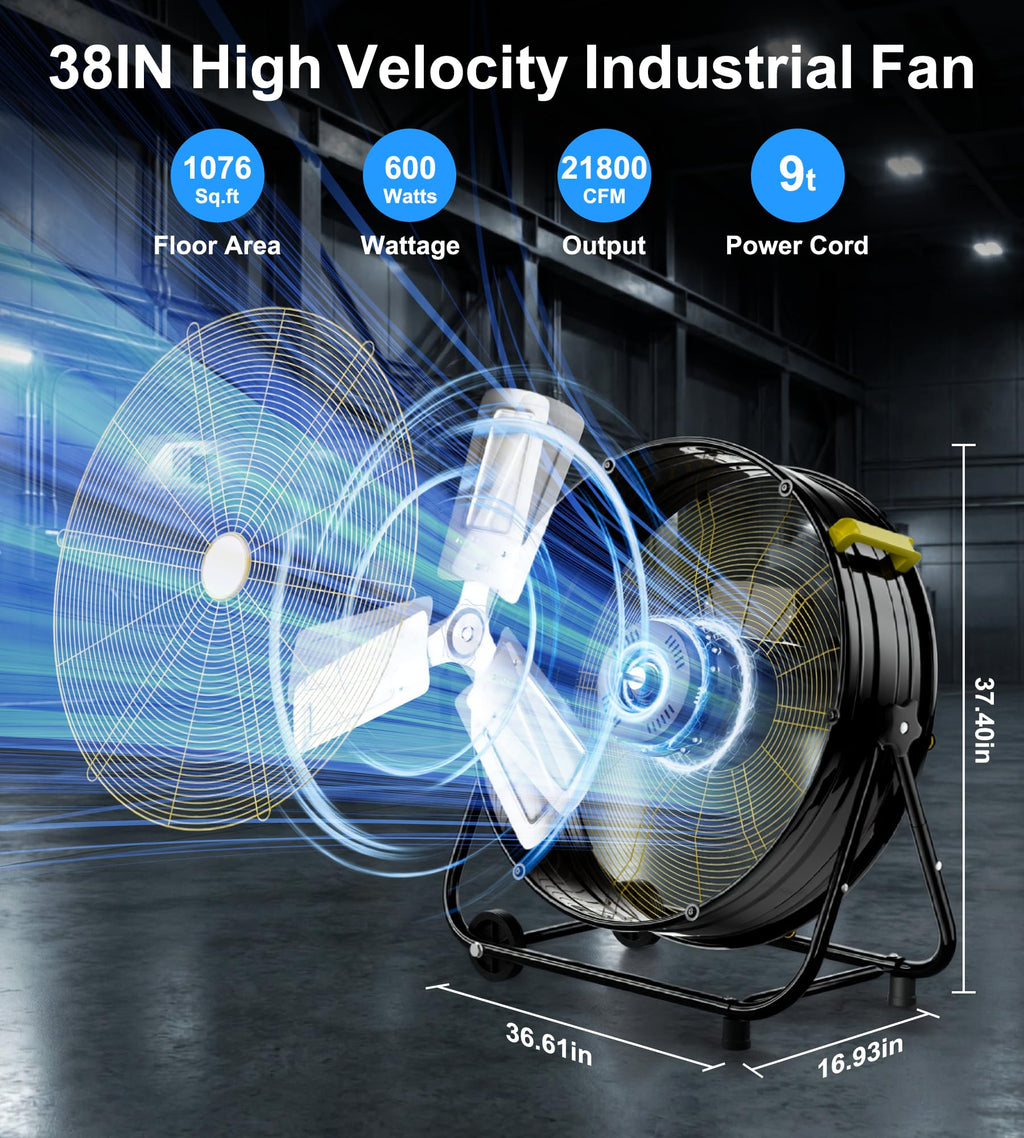 AKIRES 36IN Industrial Floor Drum Fan,21,800CFM High Velocity Heavy Duty Shop Fan with 360° Tilt,Handle,600W High Velocity Drum Fan for Garage,Basement,Warehouse,Patio,Factory,Workshop,Commercial Use