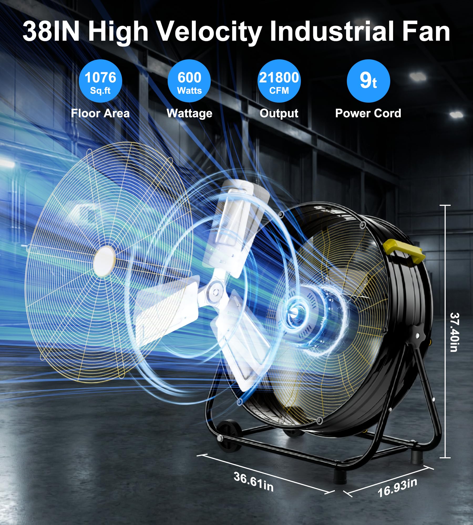 AKIRES 36IN Industrial Floor Drum Fan,21,800CFM High Velocity Heavy Duty Shop Fan with 360° Tilt,Handle,600W High Velocity Drum Fan for Garage,Basement,Warehouse,Patio,Factory,Workshop,Commercial Use