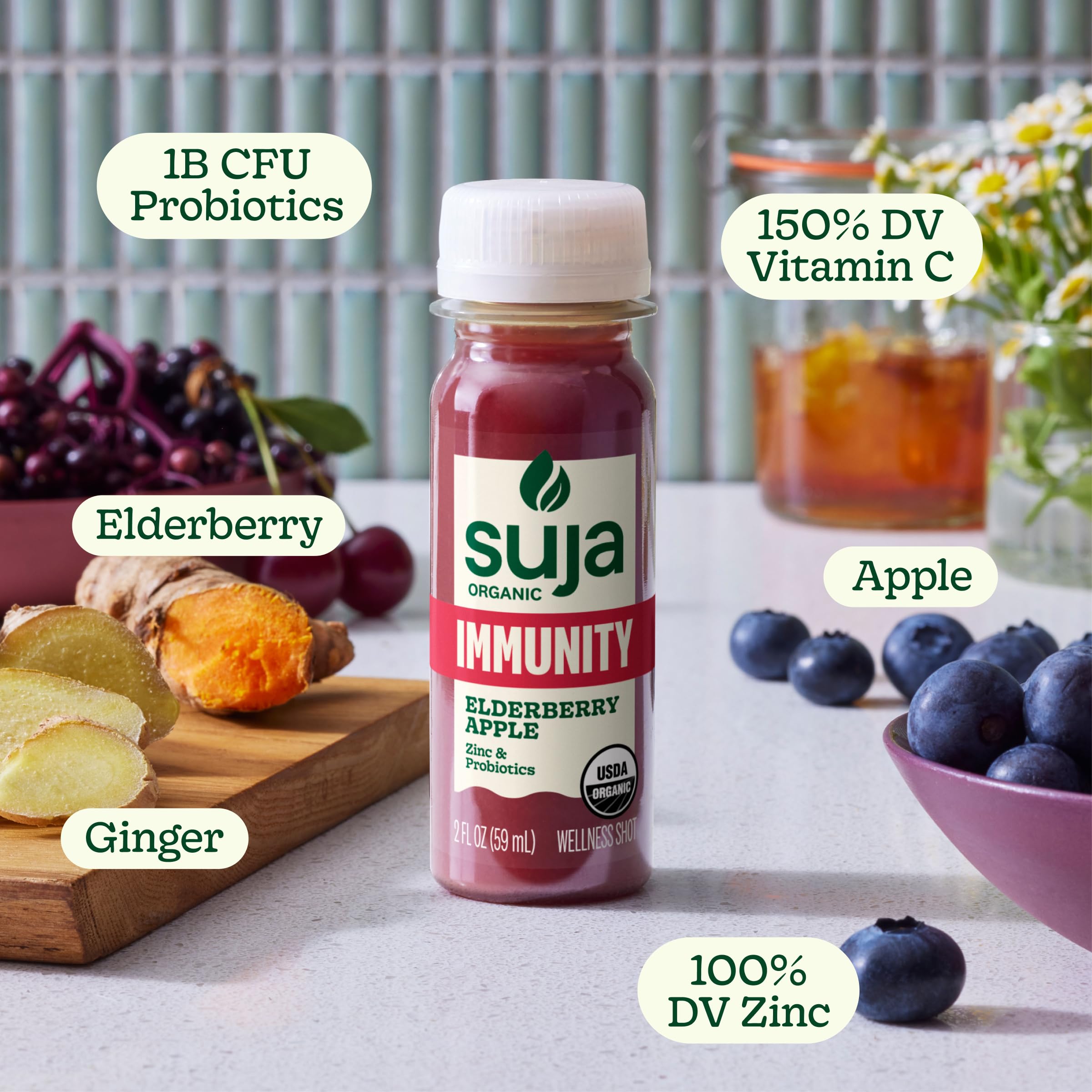 Suja Organic Immunity Elderberry Shot with Elderberry, Turmeric, & Ginger, Immunity Support, Functional Shot, Cold-Pressed Juice with Live Probiotics, Plant-Based & Gluten-Free (2 Fl Oz)