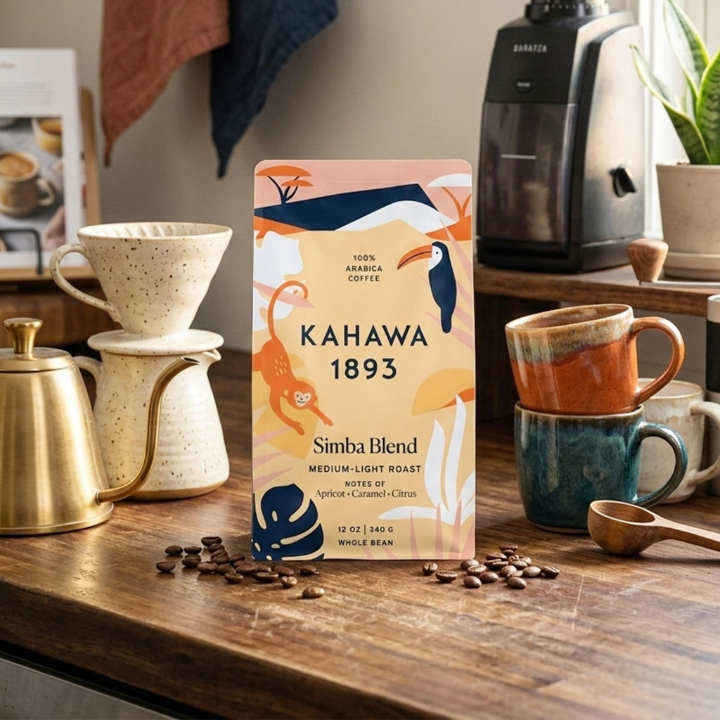 Kahawa 1893 Whole Bean Coffee Medium-Light Roast Simba Blend 12 Oz - As Seen on Shark Tank, Naturally Sweet, Organically Grown, Ethically & Sustainably Sourced