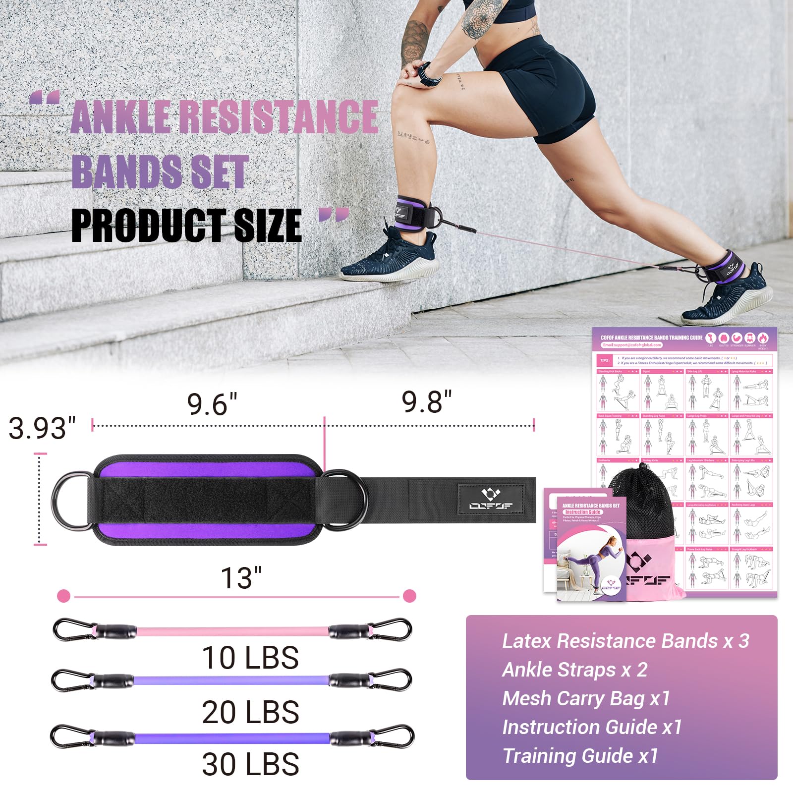 Ankle Resistance Bands with Cuffs, Ankle Bands for Working Out, Kickbacks Hip, Leg Glute Exercise Equipment with Training Poster, Resistance Workout Equipment for Women(Purple)
