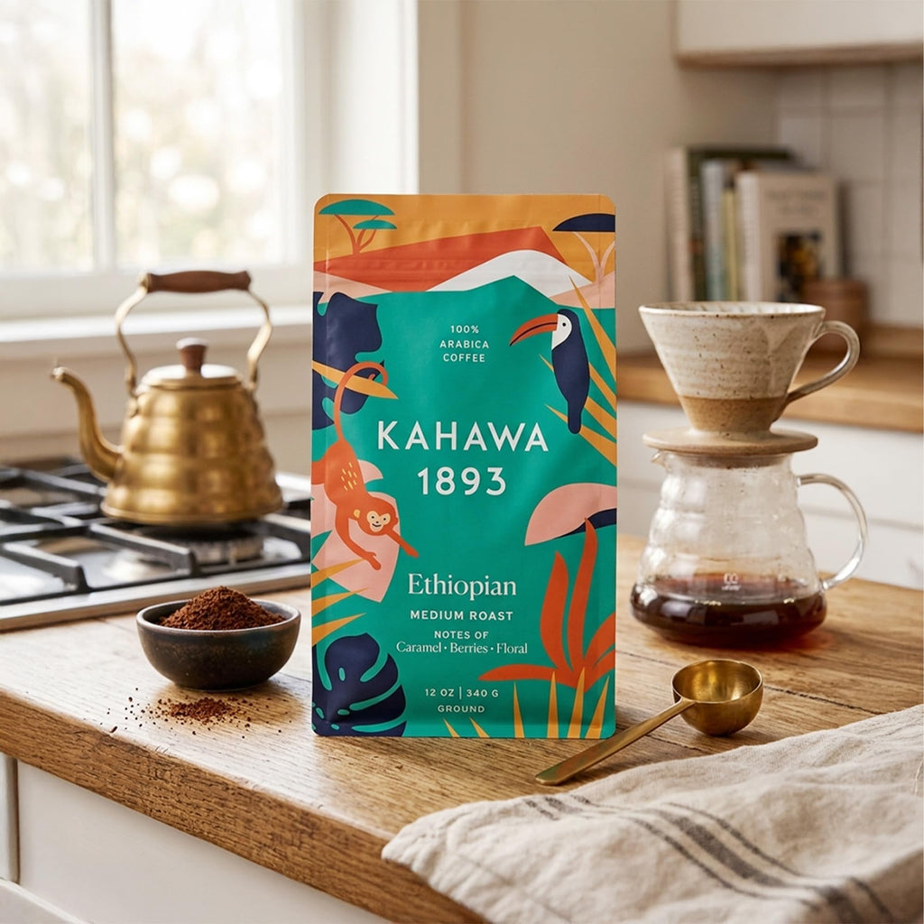 Kahawa 1893 Ground Coffee Medium Roast Ethiopian Blend 12 Oz - As Seen on Shark Tank, High Antioxidants, Naturally Sweet, Organically Grown, Ethically & Sustainably Sourced