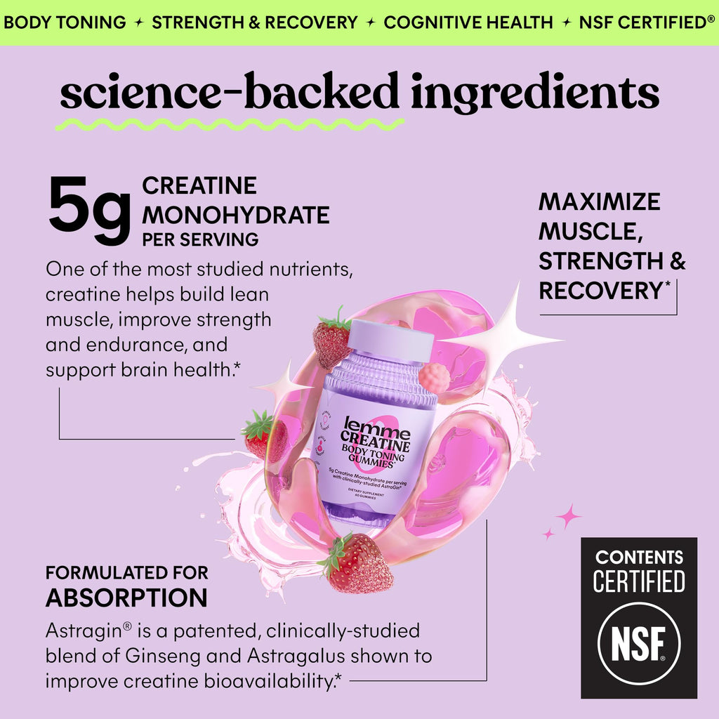 Lemme Creatine Monohydrate Gummies for Women and Men, 5g Dose to Support Lean Muscle, Strength, Recovery, Cognitive Health, w/Ginseng for Absorption, Sour Strawberry, NSF Certified, 60 Gummies
