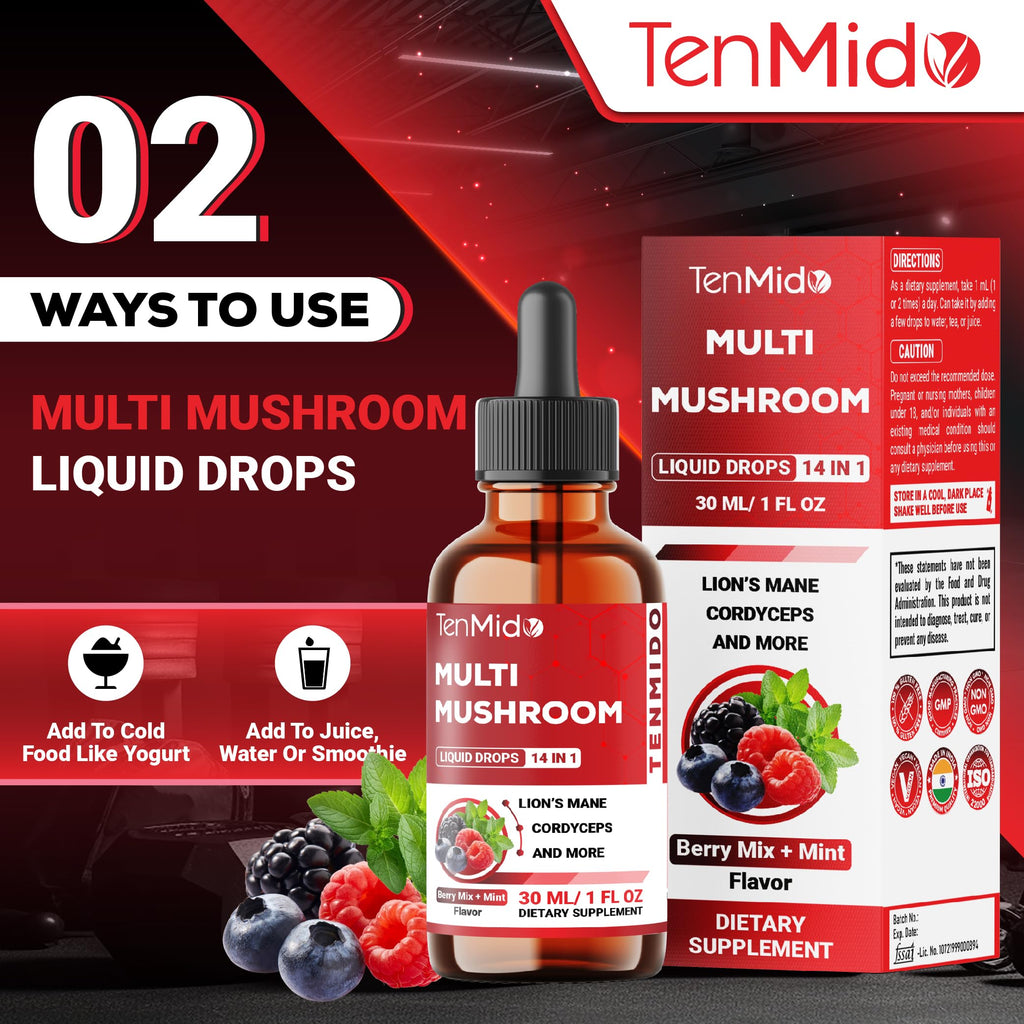Tenmido Mushroom Complex - Herbal Liquid Drops - 14in1 with Lions Mane, Cordyceps, Reishi, Turkey, Chaga, Shiitake, Ashwagandha, Bacopa, Gotu Kola, and More - 30ml 1 Fl Oz