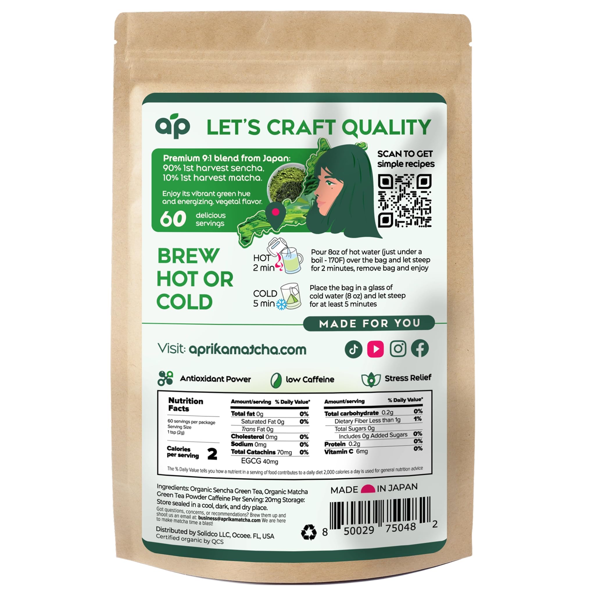 Organic Japanese Matcha Green Tea Bags - Ceremonial Grade Matcha Powder and 1st Harvest Spring Sencha Blend for Unforgettable Taste - 60 Tea Pyramids by Aprika Life