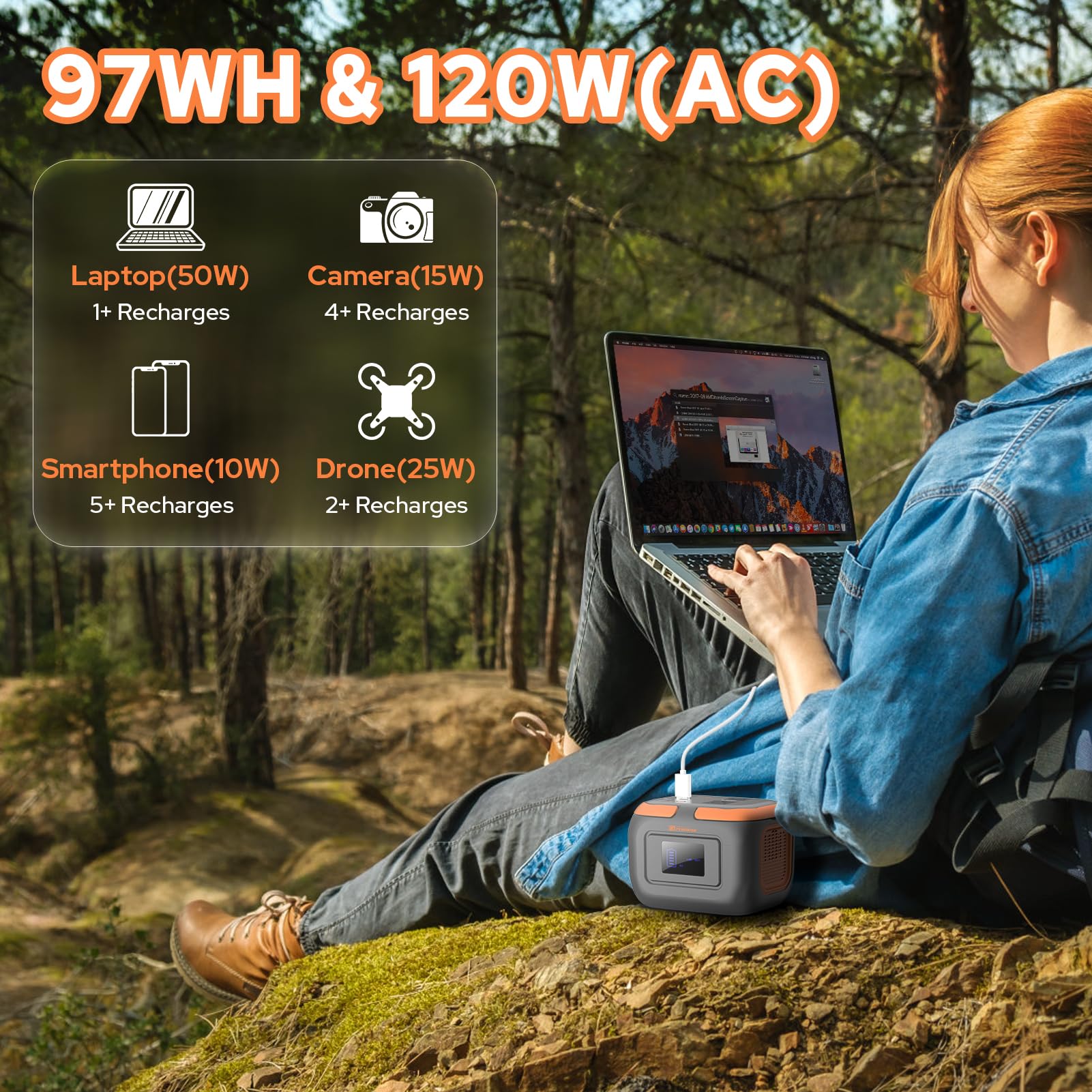 Portable Power Station 120W, Power Bank with AC Outlet, Portable Generator 97.6Wh External Battery Power Pack with USB C Input for Camping Home Van Life Adventure Backup
