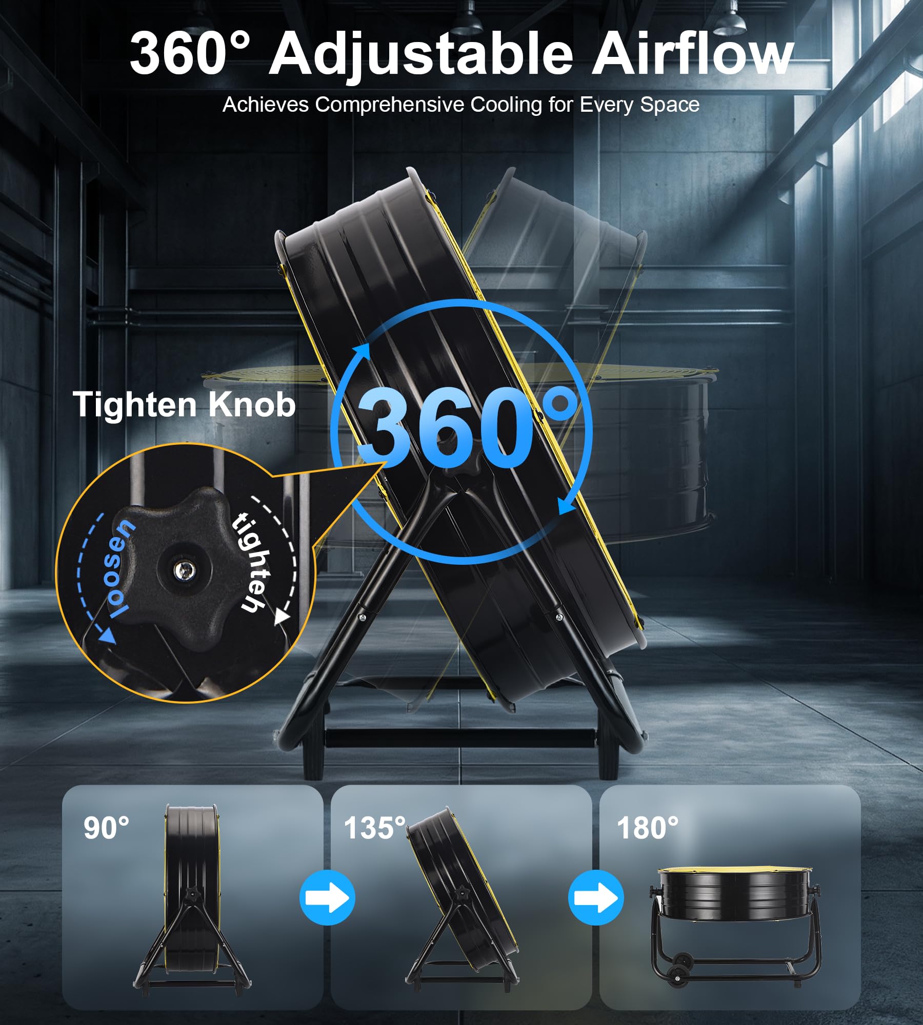 AKIRES 36IN Industrial Floor Drum Fan,21,800CFM High Velocity Heavy Duty Shop Fan with 360° Tilt,Handle,600W High Velocity Drum Fan for Garage,Basement,Warehouse,Patio,Factory,Workshop,Commercial Use