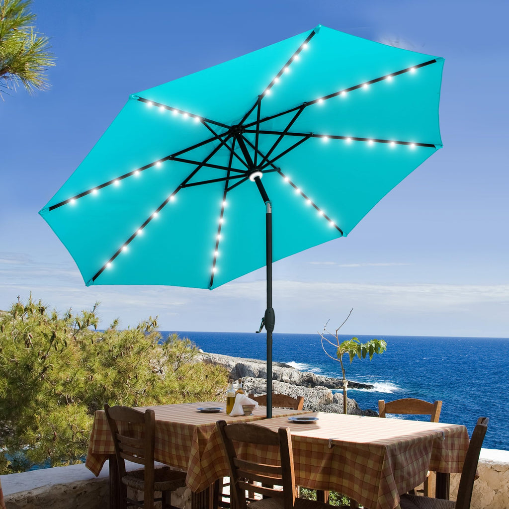 GDY 10Ft Patio Umbrella, Table Umbrella with 40 LED Lights, Outdoor Umbrellas for Patio, with Tilt and Crank, Center Light, for Garden, Deck, Backyard, Pool, and Beach, (Blue).