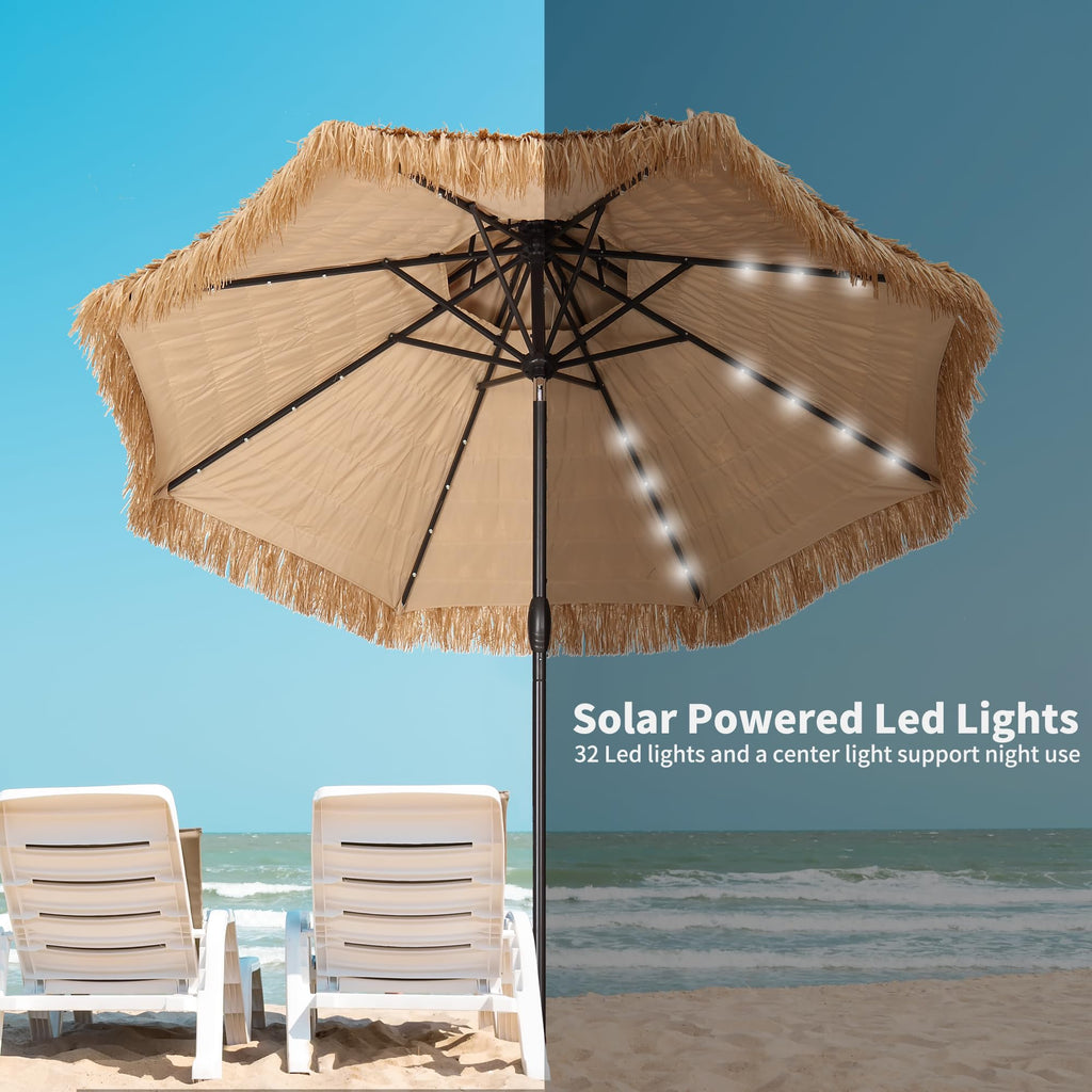 GDY 9 ft 2-Tier Solar Tiki Umbrella, 32 LED Ligths Hula Thatched Tiki Umbrellas, Straw Umbrella, Pool, Patio, Beach