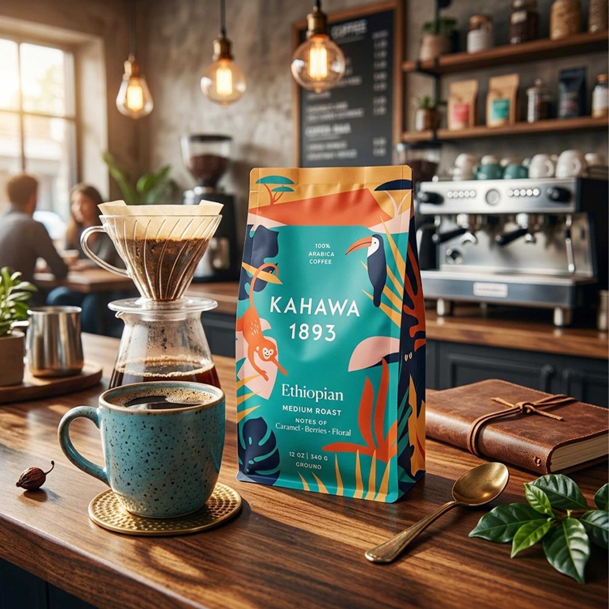 Kahawa 1893 Ground Coffee Medium Roast Ethiopian Blend 12 Oz - As Seen on Shark Tank, High Antioxidants, Naturally Sweet, Organically Grown, Ethically & Sustainably Sourced
