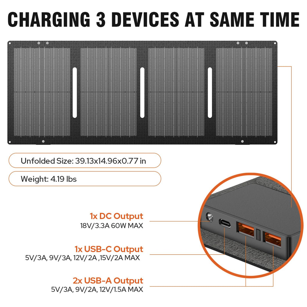 Portable Solar Panel 60W Foldable Solar Charger with DC/USB C/USB A Output DC Cable for Solar Power Station Power Bank Phone Laptop Outdoor Camping RV Road Trip
