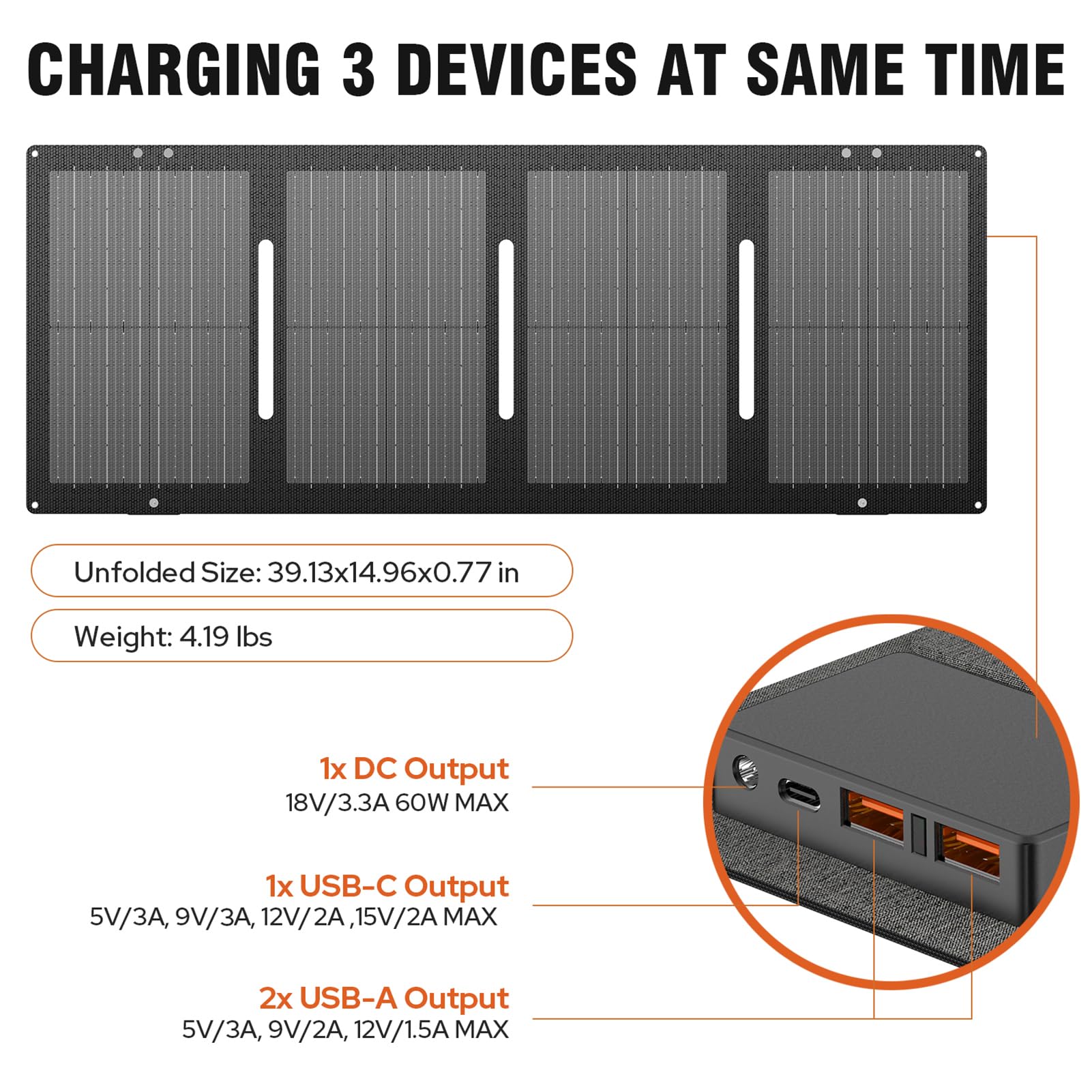 Portable Solar Panel 60W Foldable Solar Charger with DC/USB C/USB A Output DC Cable for Solar Power Station Power Bank Phone Laptop Outdoor Camping RV Road Trip