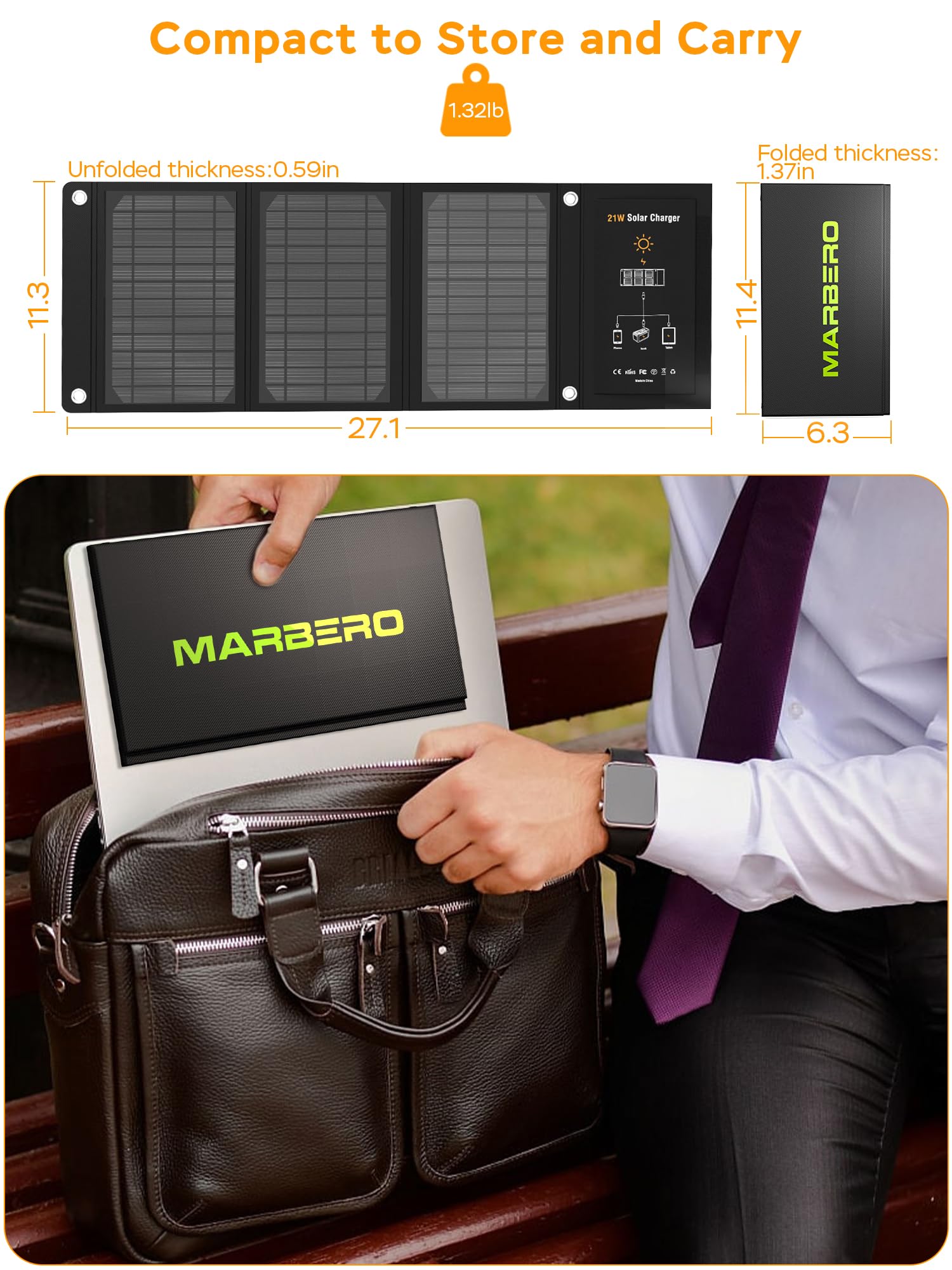 MARBERO 21W Portable Solar Panel Foldable Solar Panel Charger IP65 Waterproof Solar Panels 23% High Efficiency Fast Charger USB Ports & DC 18V Output for Camping Outdoor Travel Emergency Cloudy
