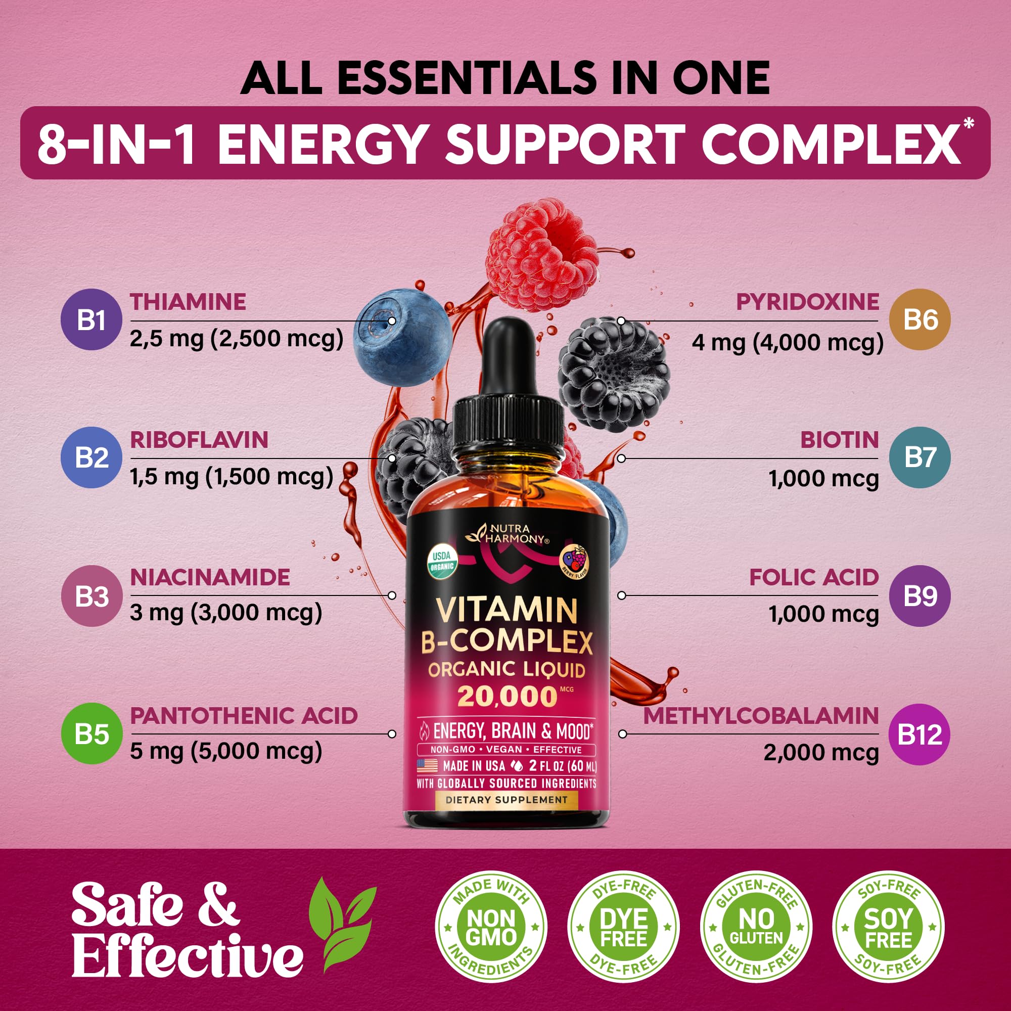 USDA Organic Vitamin B-Complex B5 Pantothenic Acid | B12 Methylcobalamin | B1 Thiamine | B6 Pyridoxine | B7 Biotin | B9 Folic | B3 Niacinamide - B Complex Liquid Drops, Made in USA Supplement, 2fl oz