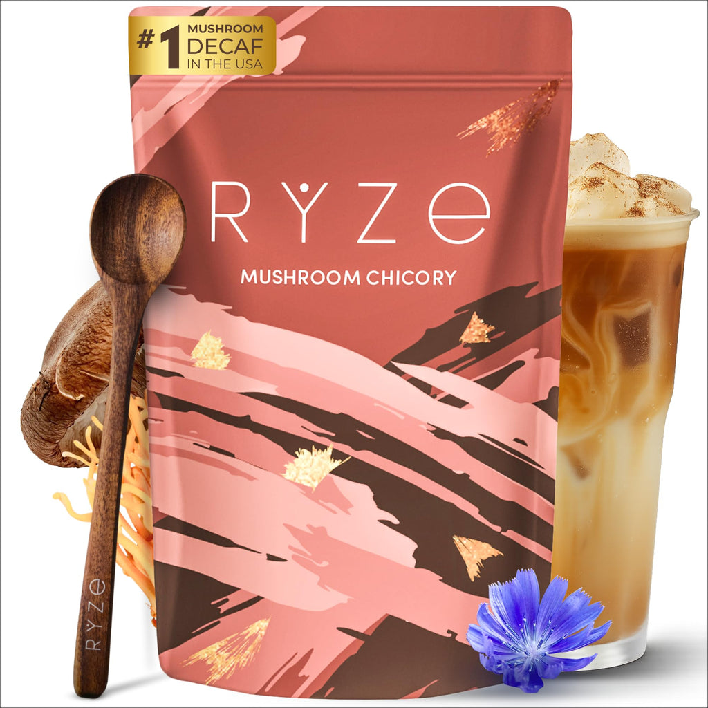 RYZE SUPERFOODS Mushroom Chicory with 6 Organic Adaptogenic Mushrooms, Keto Decaf Alternative with Chicory Root for Energy, Focus, Digestion, Immunity with Lions Mane, Turkey Tail, Shiitake, 30 Serv
