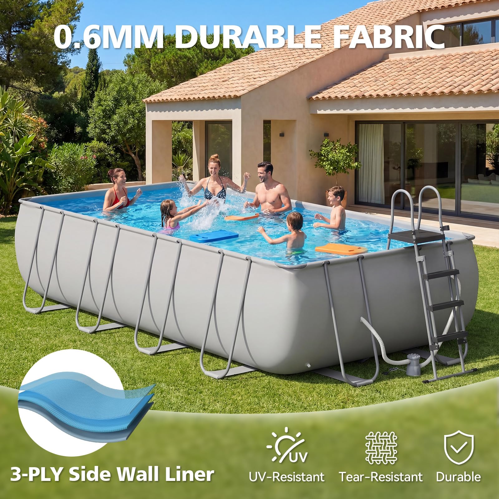 SunSwell 18' x 9' x 47" Rectangular Above Ground Pool Set with Removable Ladder and Filter Pump, Large Swimming Pool for Backyard, Gray