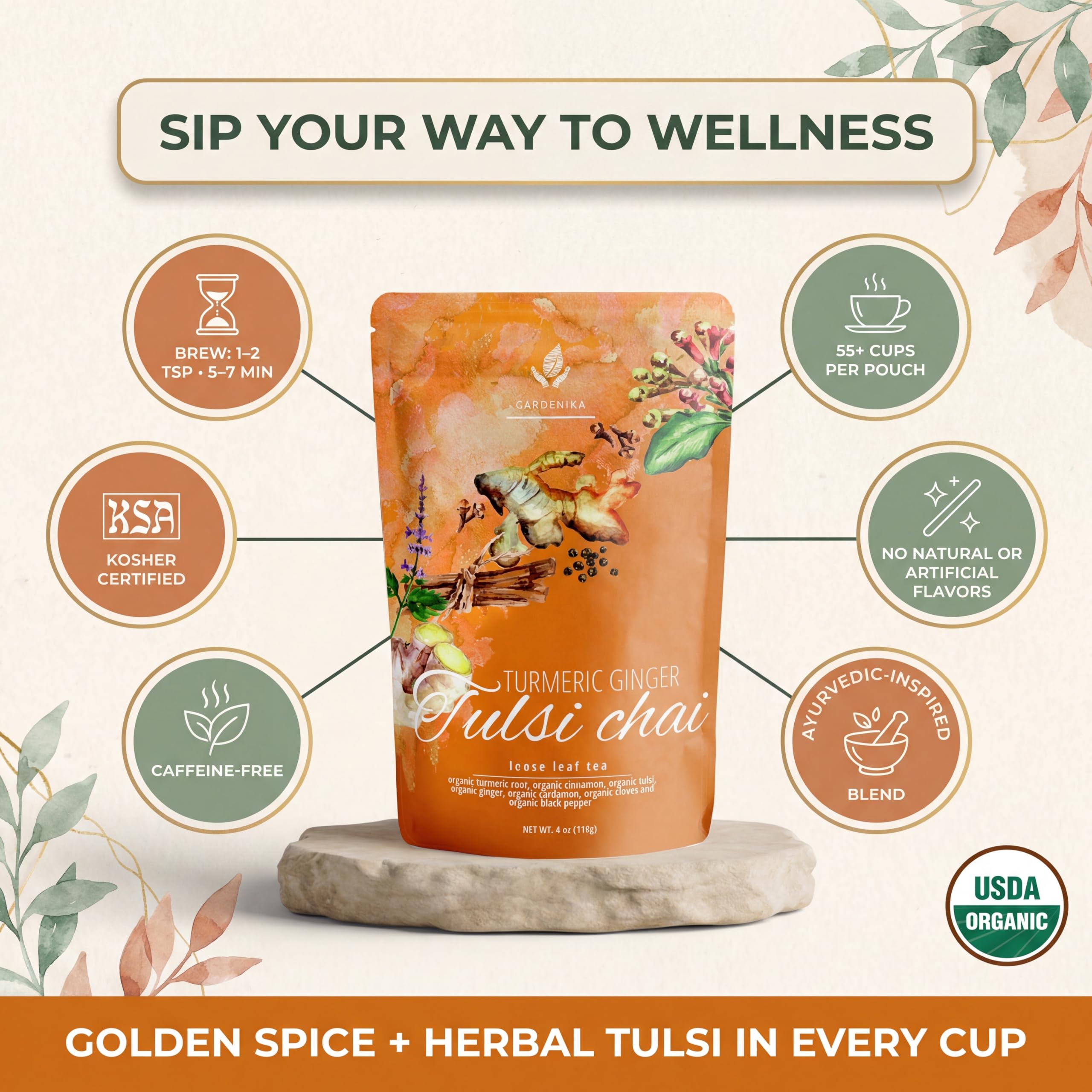 Organic Turmeric Ginger Tulsi Chai Tea | Loose Leaf | Ayurvedic Superfood Blend | Herbal and Caffeine-Free | 55+ Cups | KSA Kosher | 4 oz