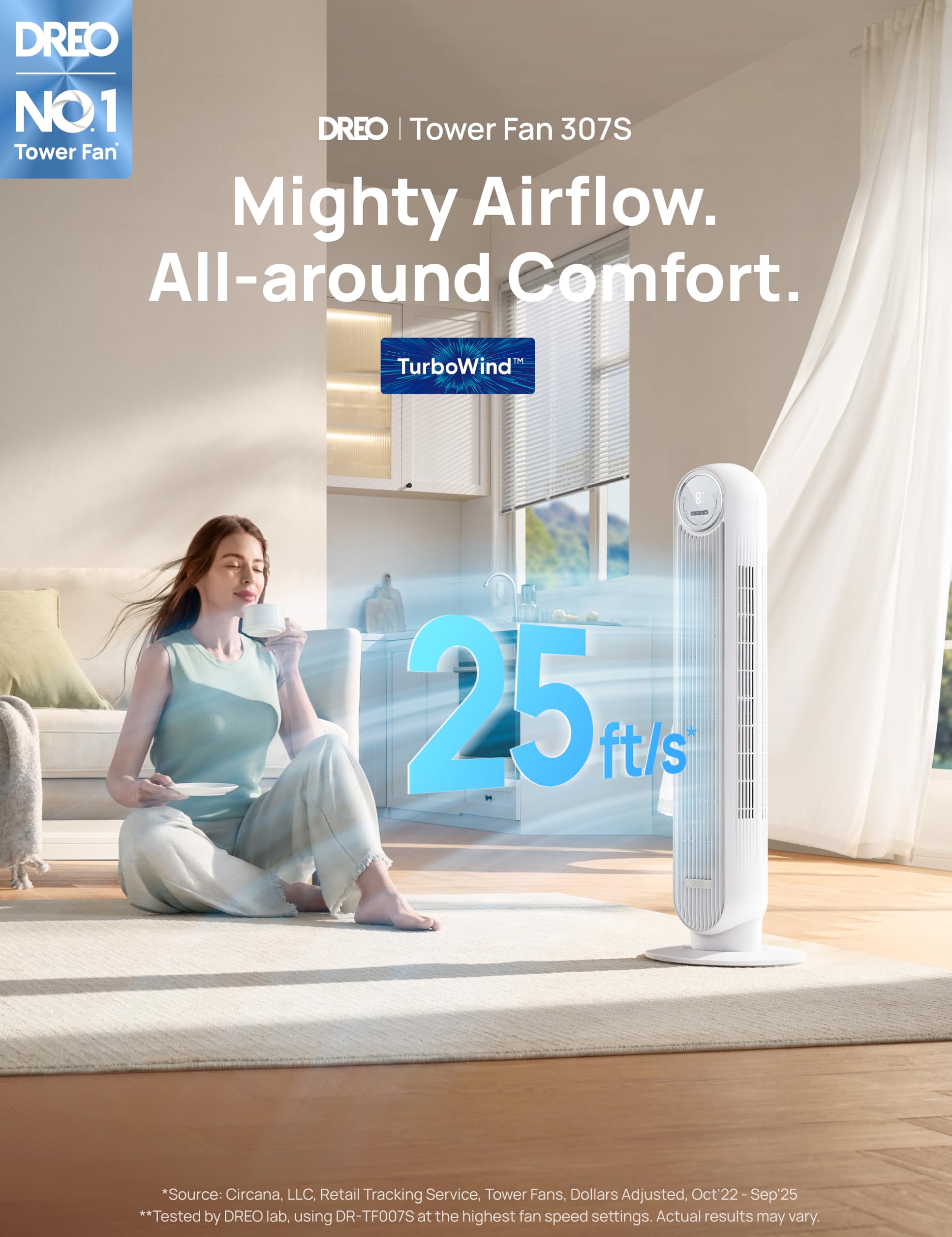 DREO Tower Fan for Bedroom, 25ft/s Smart Standing Fans, 90° Oscillating Floor Fan with 4 Modes, 4 Speeds, 8H Timer, 28dB, Bladeless, Remote, Works with WiFi Voice Control
