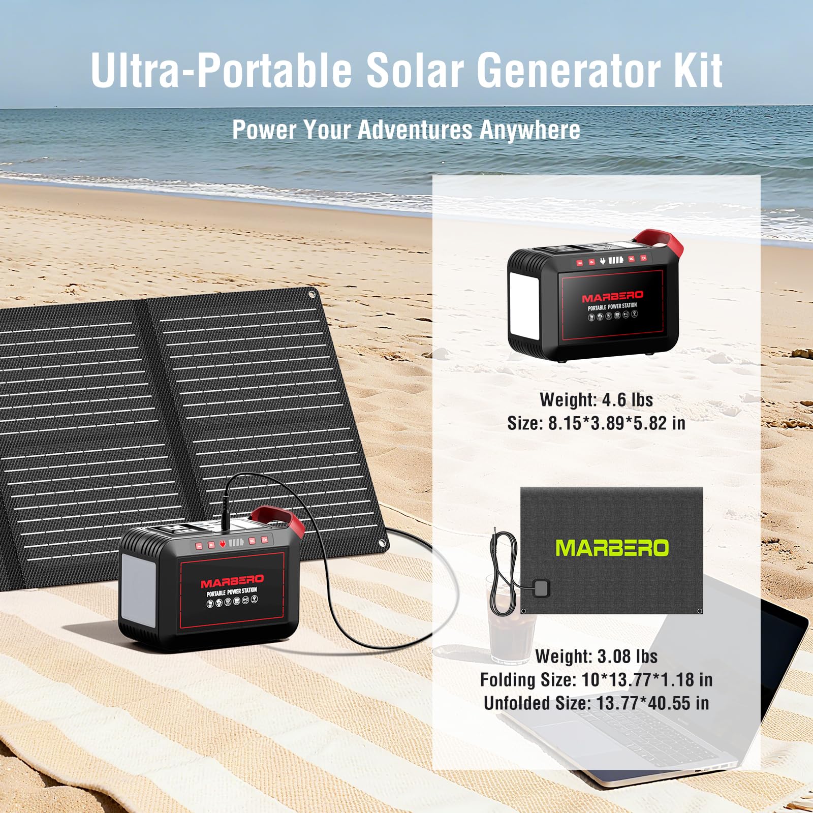 MARBERO 237Wh Solar Generator with Solar Panel Included Portable Power Station 300W Pure Sine Wave with Foldable Solar Panel 60W Set for Camping Outdoor Hiking Fishing Emergency