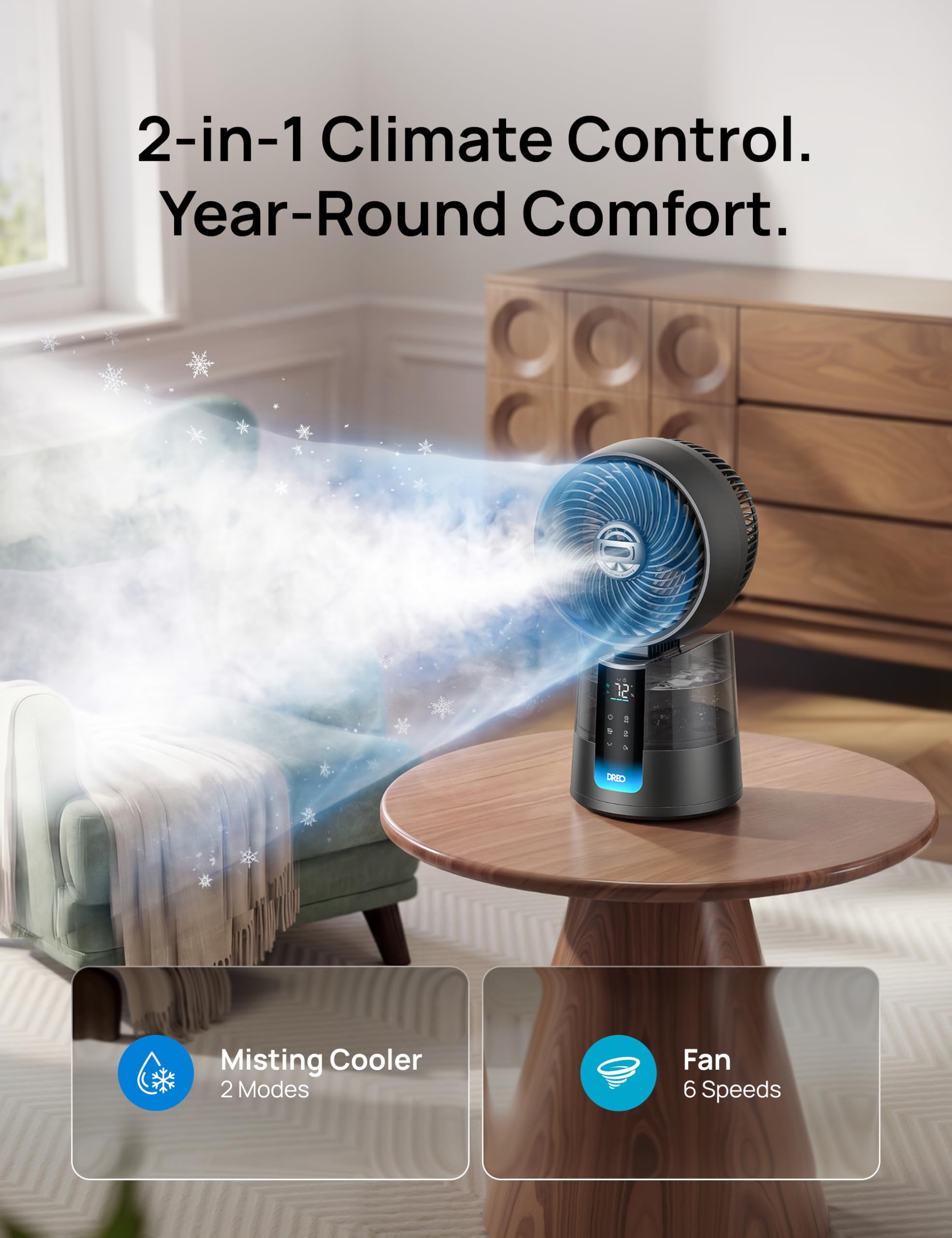 DREO TurboCool Misting Fan 516, 5℉ Drop Cooling Fans that Blow Cold Air, 150°+30° Omni-directional Oscillating, Evaporative air cooler, 26 ft/s Wind, Ultrafine Mist, 20dB Quiet, 6 Speeds 2 Modes, Grey