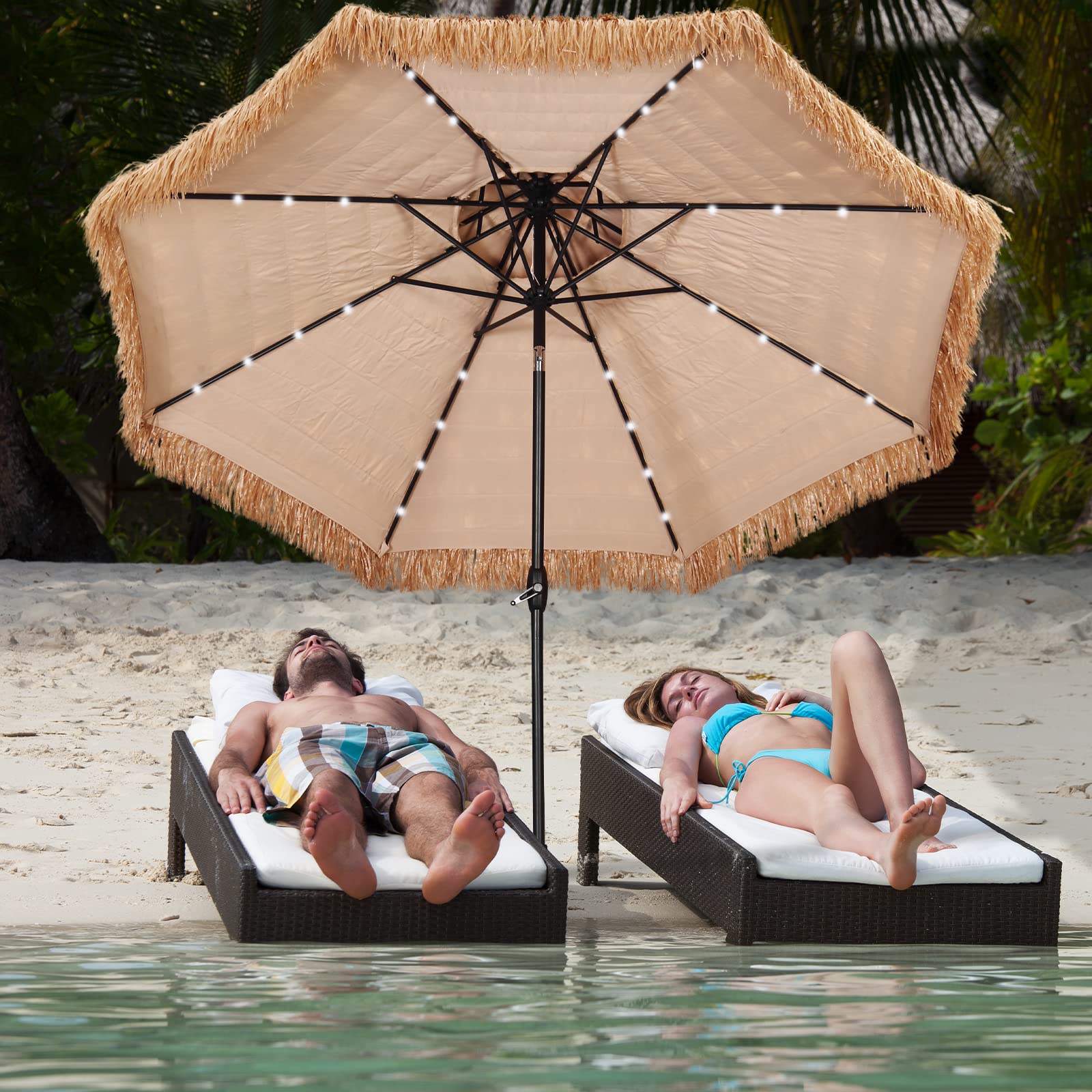GDY 9 ft 2-Tier Solar Tiki Umbrella, 32 LED Ligths Hula Thatched Tiki Umbrellas, Straw Umbrella, Pool, Patio, Beach
